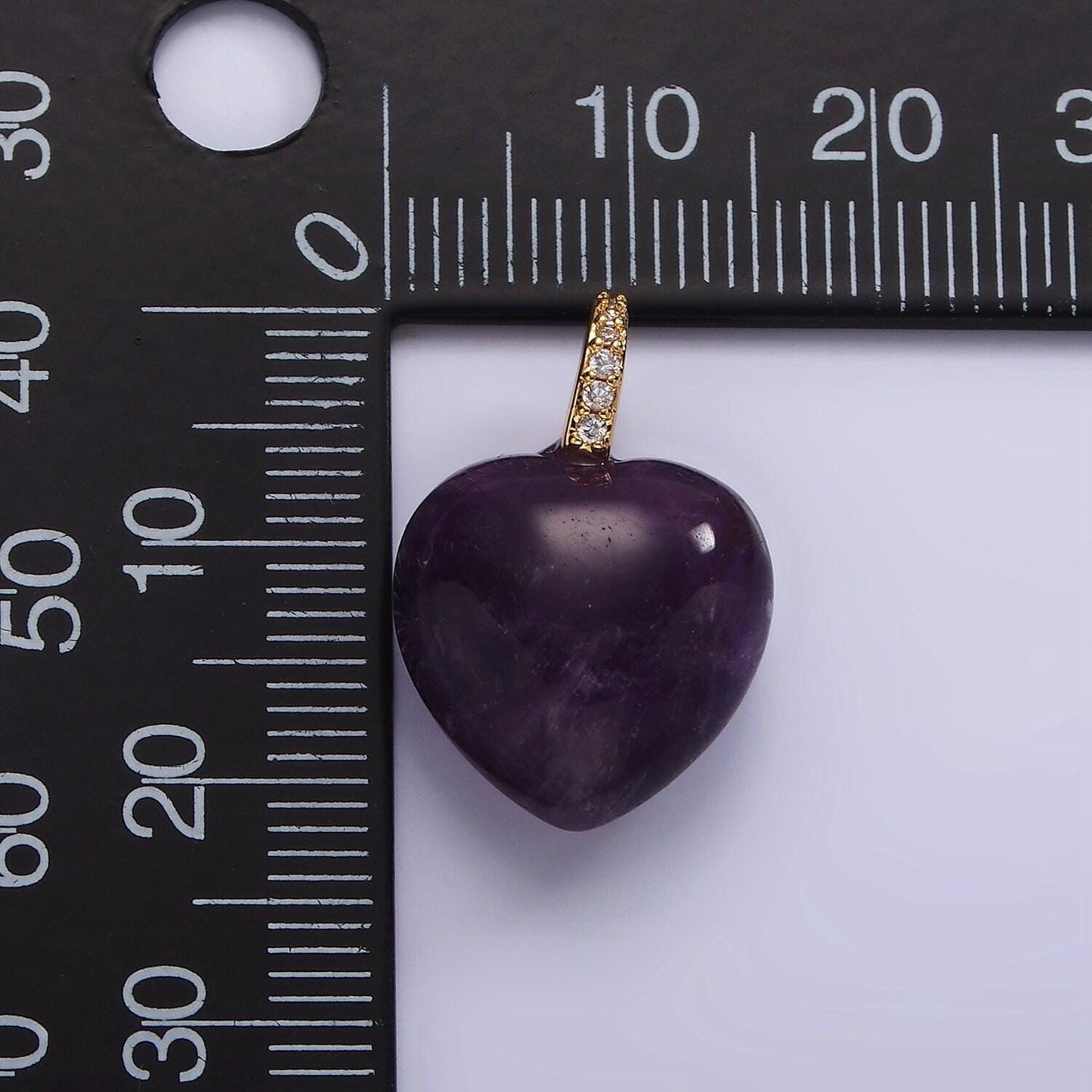 Puffy purple amethyst heart charm with clear micro paved cz bail pendant | ac798