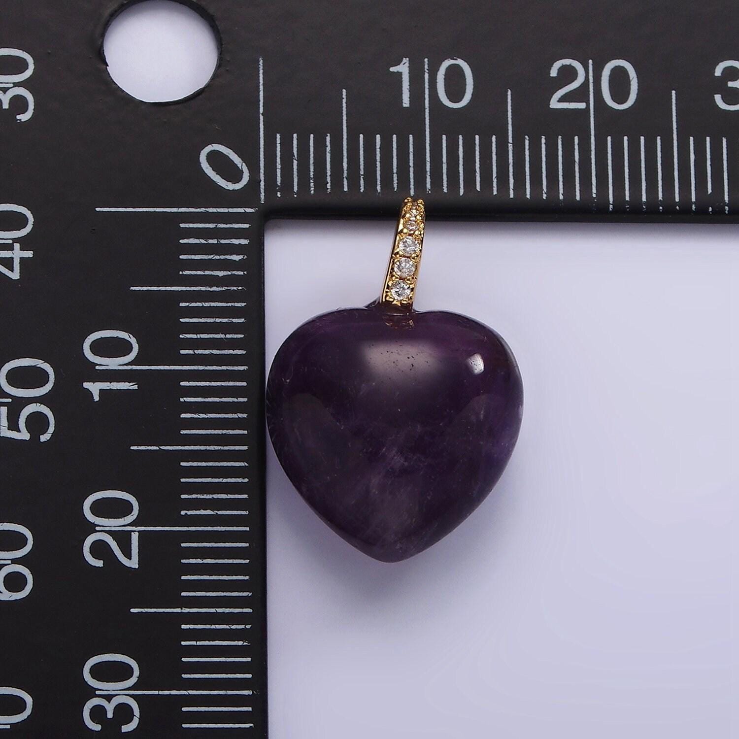 Puffy purple amethyst heart charm with clear micro paved cz bail pendant | ac798