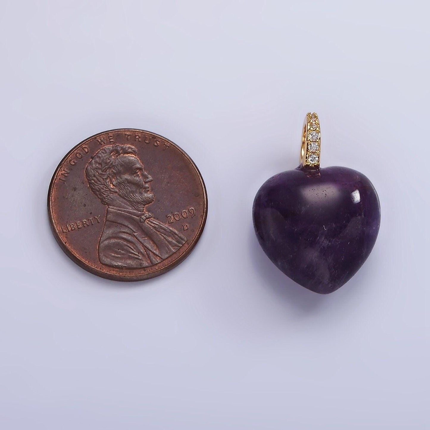 Puffy purple amethyst heart charm with clear micro paved cz bail pendant | ac798