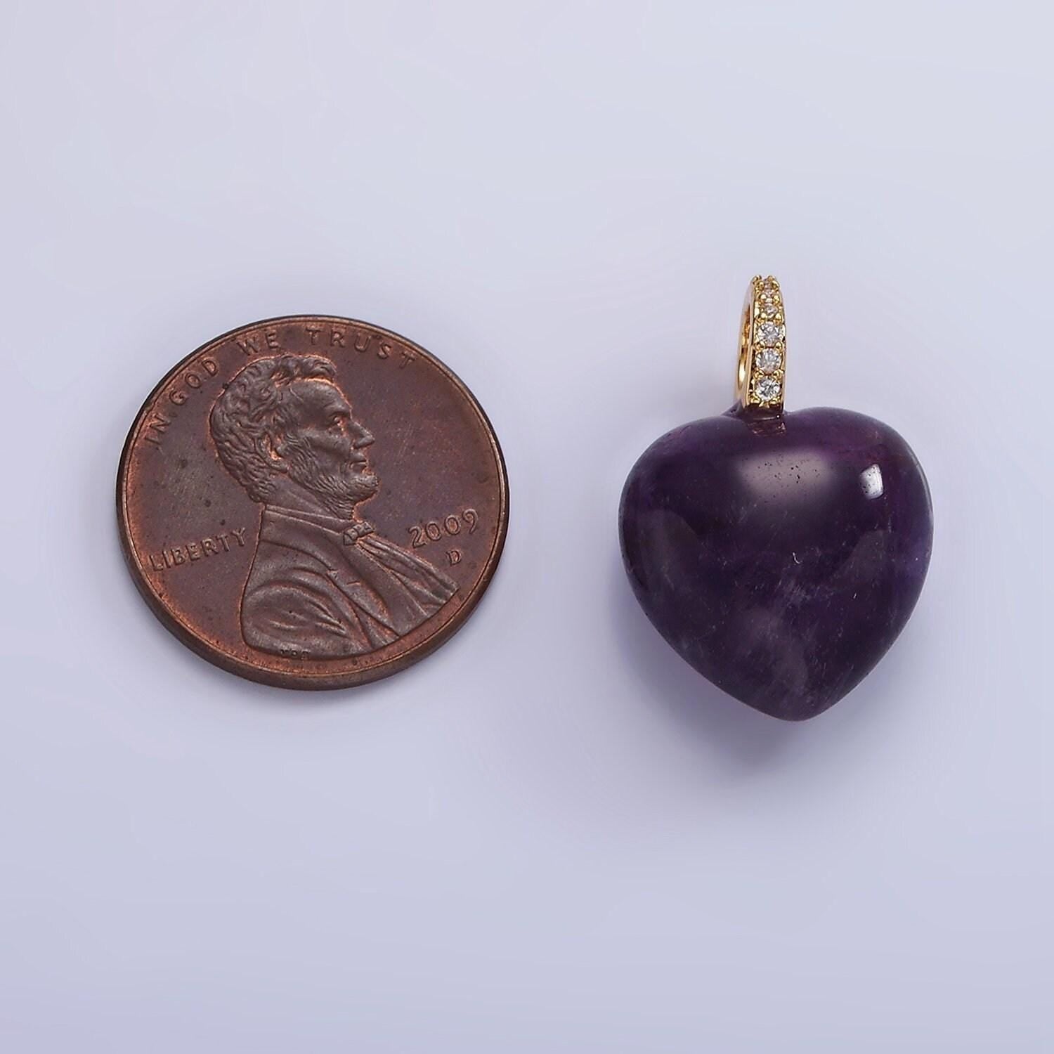 Puffy purple amethyst heart charm with clear micro paved cz bail pendant | ac798