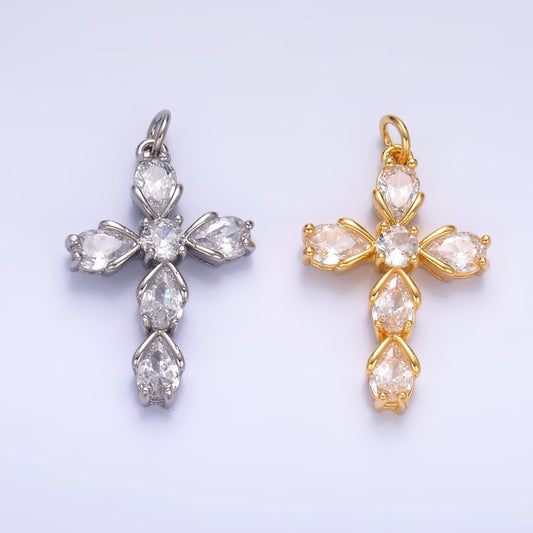 Dainty Cubic Tear drop cross pendant, cz cross charm for religious jewelry silver cross pendant for minimalist jewelry W410