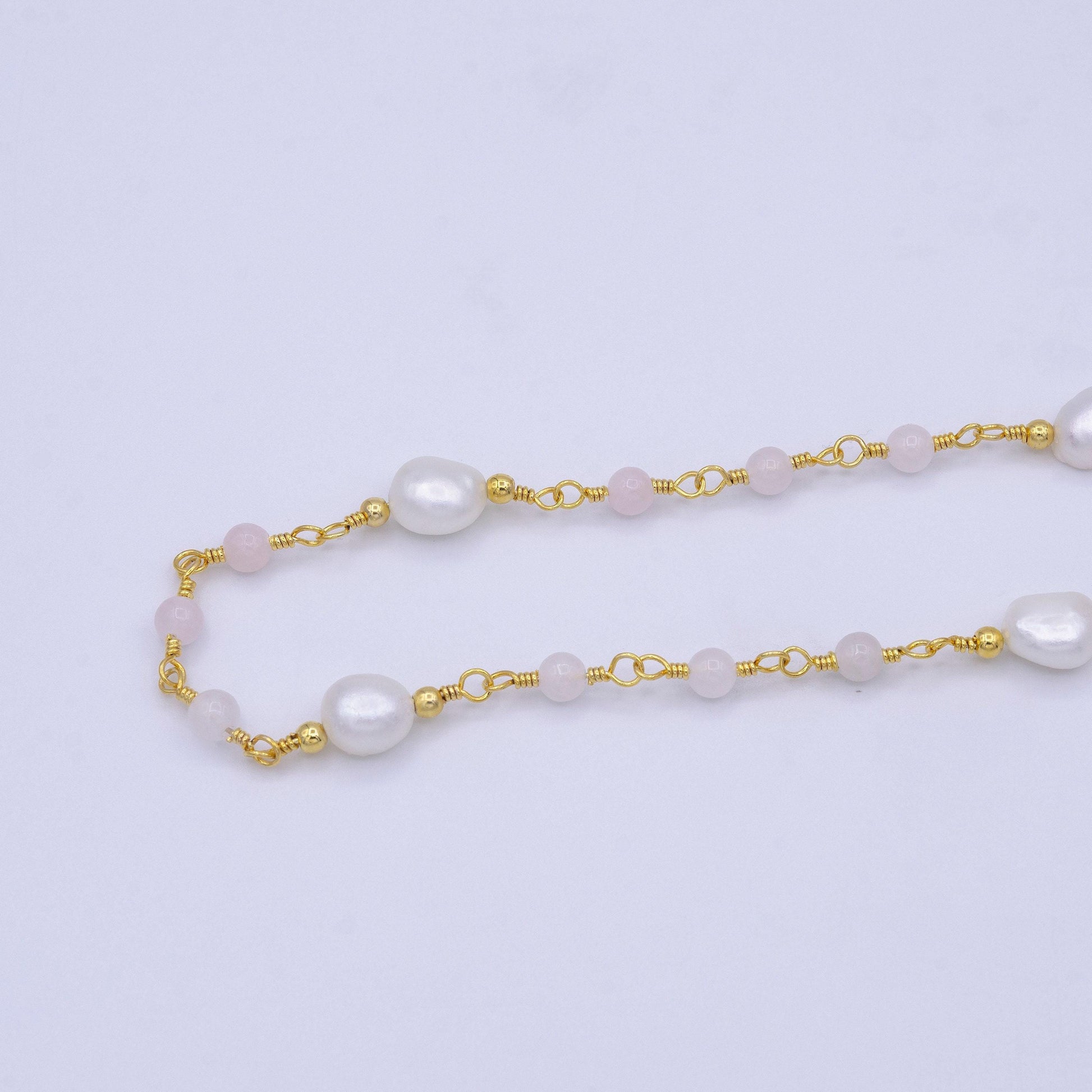 14k gold filled pearl chain, white freshwater pearl rosary chain, bulk chain rose quartz beads beaded unfinished chain by yard roll-1213