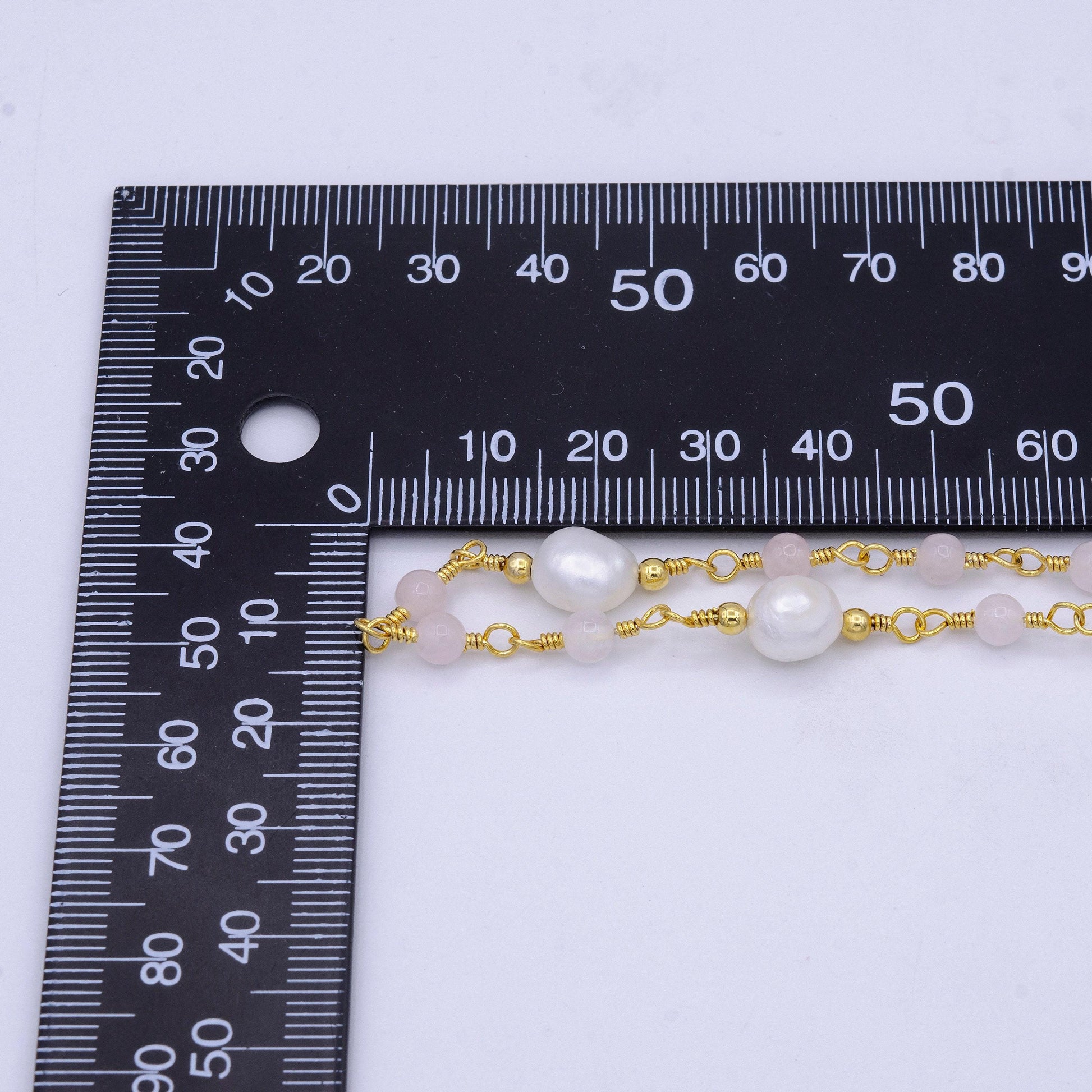 14k gold filled pearl chain, white freshwater pearl rosary chain, bulk chain rose quartz beads beaded unfinished chain by yard roll-1213