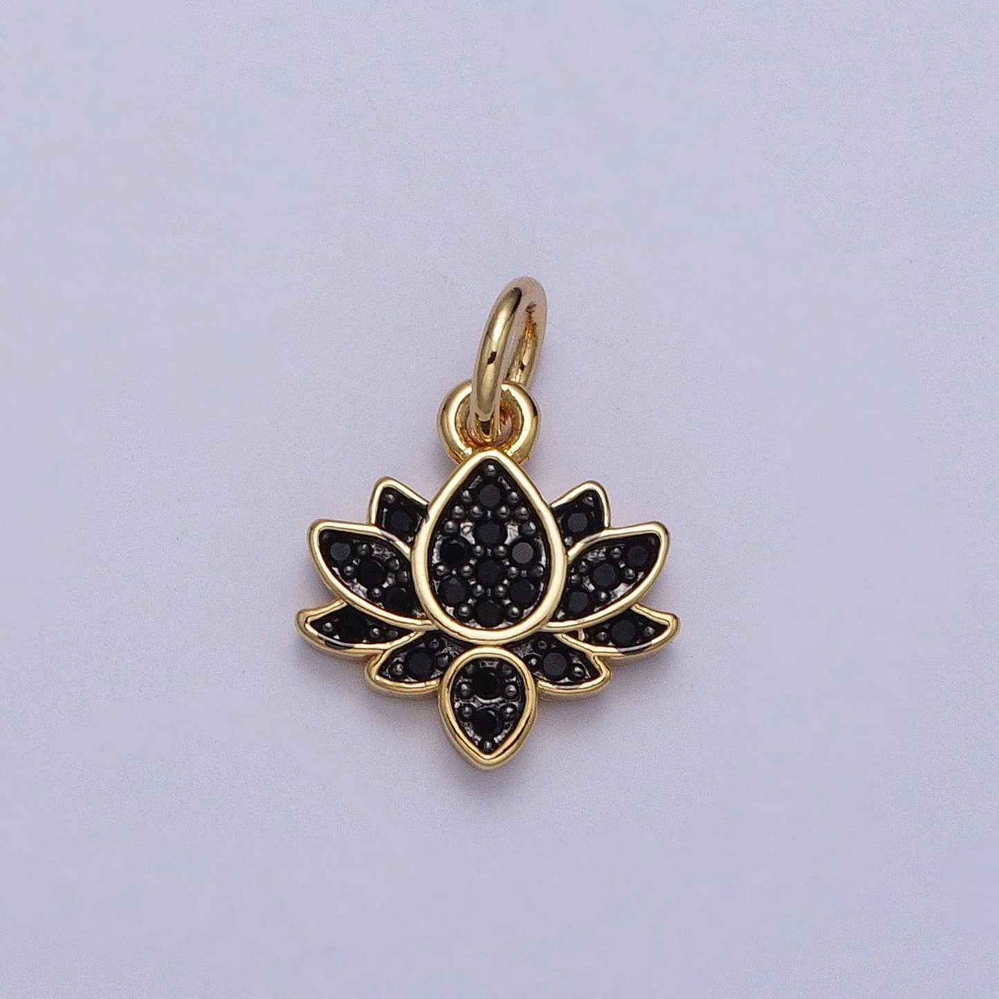 Dainty 14k gold filled lotus flower charm with black micro pave cubic zirconia for bracelet necklace earring supplies c886