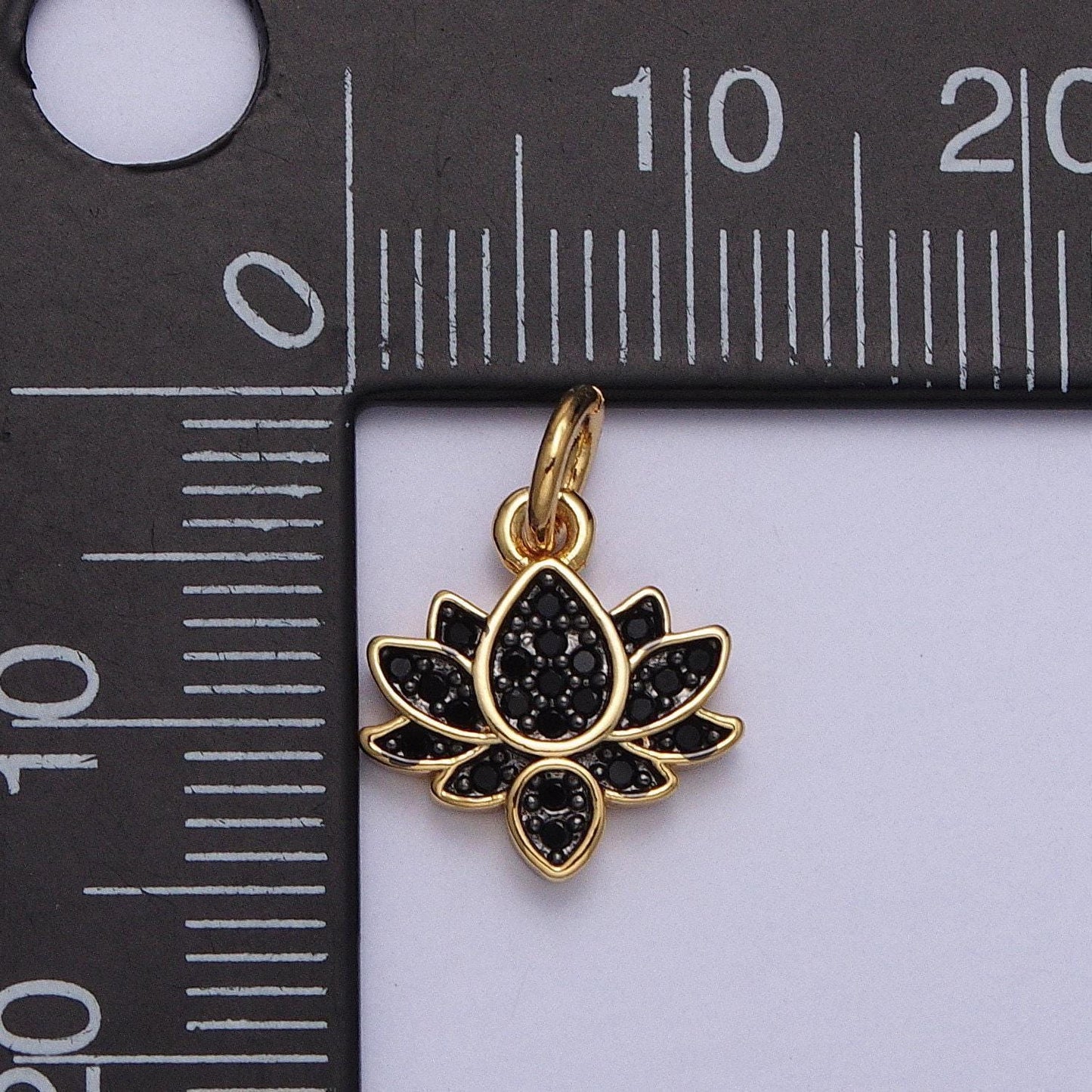 Dainty 14k gold filled lotus flower charm with black micro pave cubic zirconia for bracelet necklace earring supplies c886
