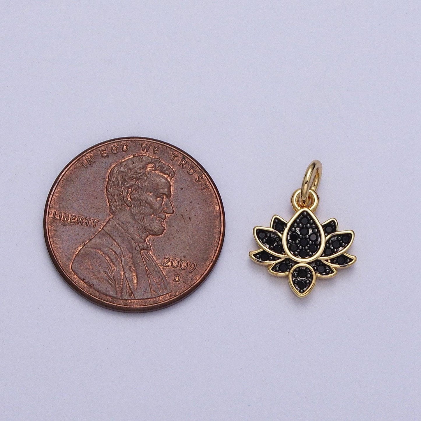 Dainty 14k gold filled lotus flower charm with black micro pave cubic zirconia for bracelet necklace earring supplies c886