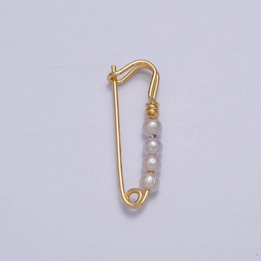 24k gold filled over brass safety pin pendant with 4 pearls 23x8mm l-746