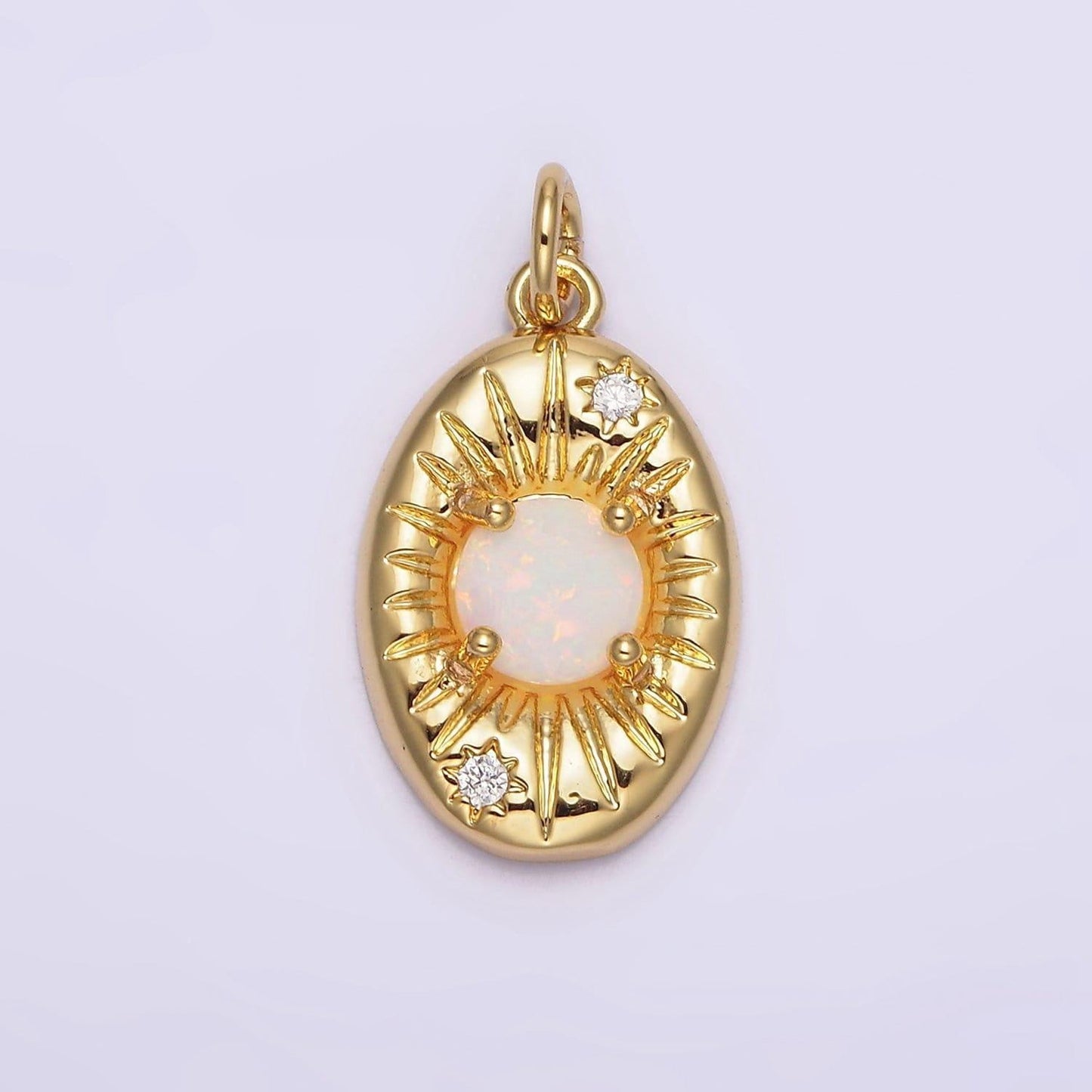 14k gold filled white opal lined celestial sun cz oval charm pendant | n992