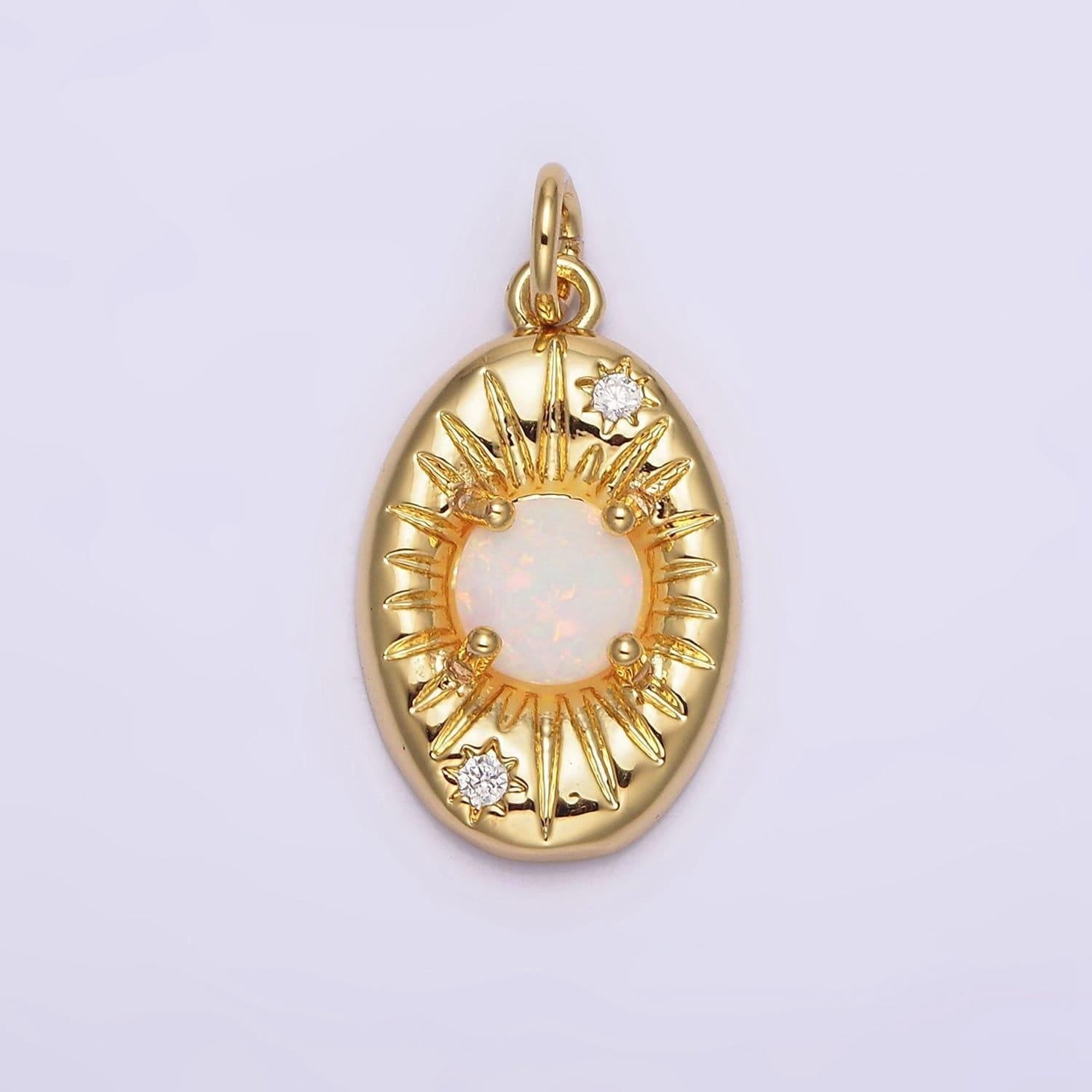 14k gold filled white opal lined celestial sun cz oval charm pendant | n992