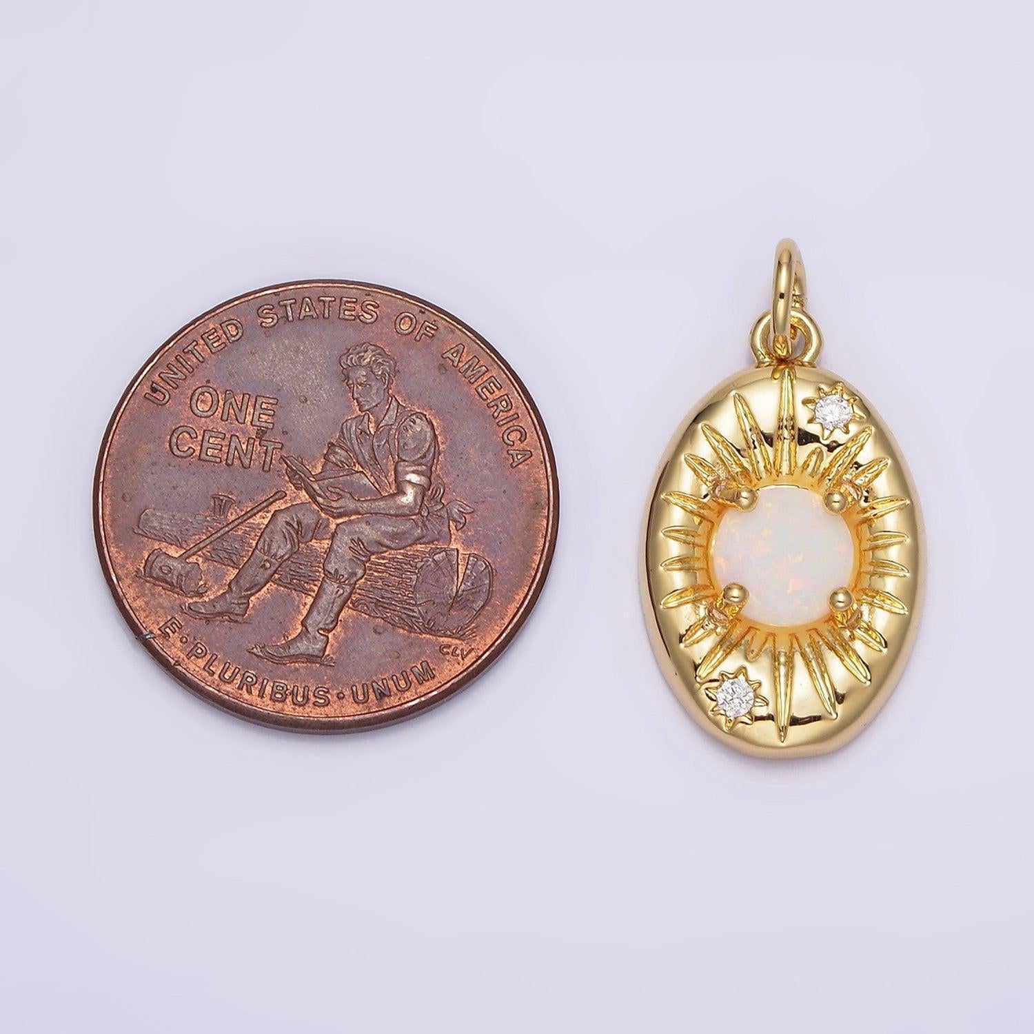 14k gold filled white opal lined celestial sun cz oval charm pendant | n992