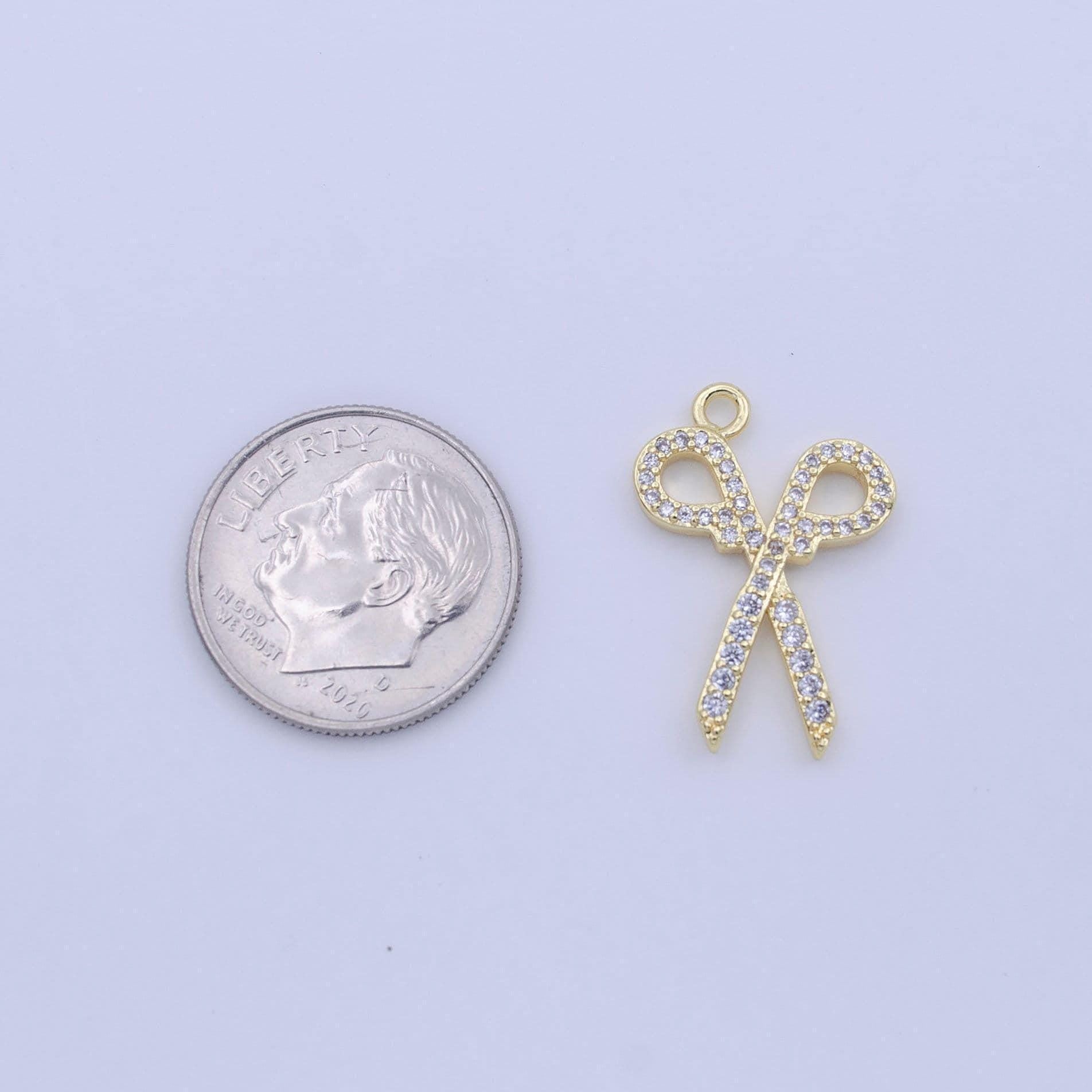 Mini gold scissor pendant charm, dainty scissor charm with clear cubic zirconia add on charm for jewelry making supply c780