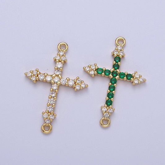 Gold cz cross charm connector, 24k gold plated clear/green micro paved cz arrow cross religious link connector | f-241, f-303