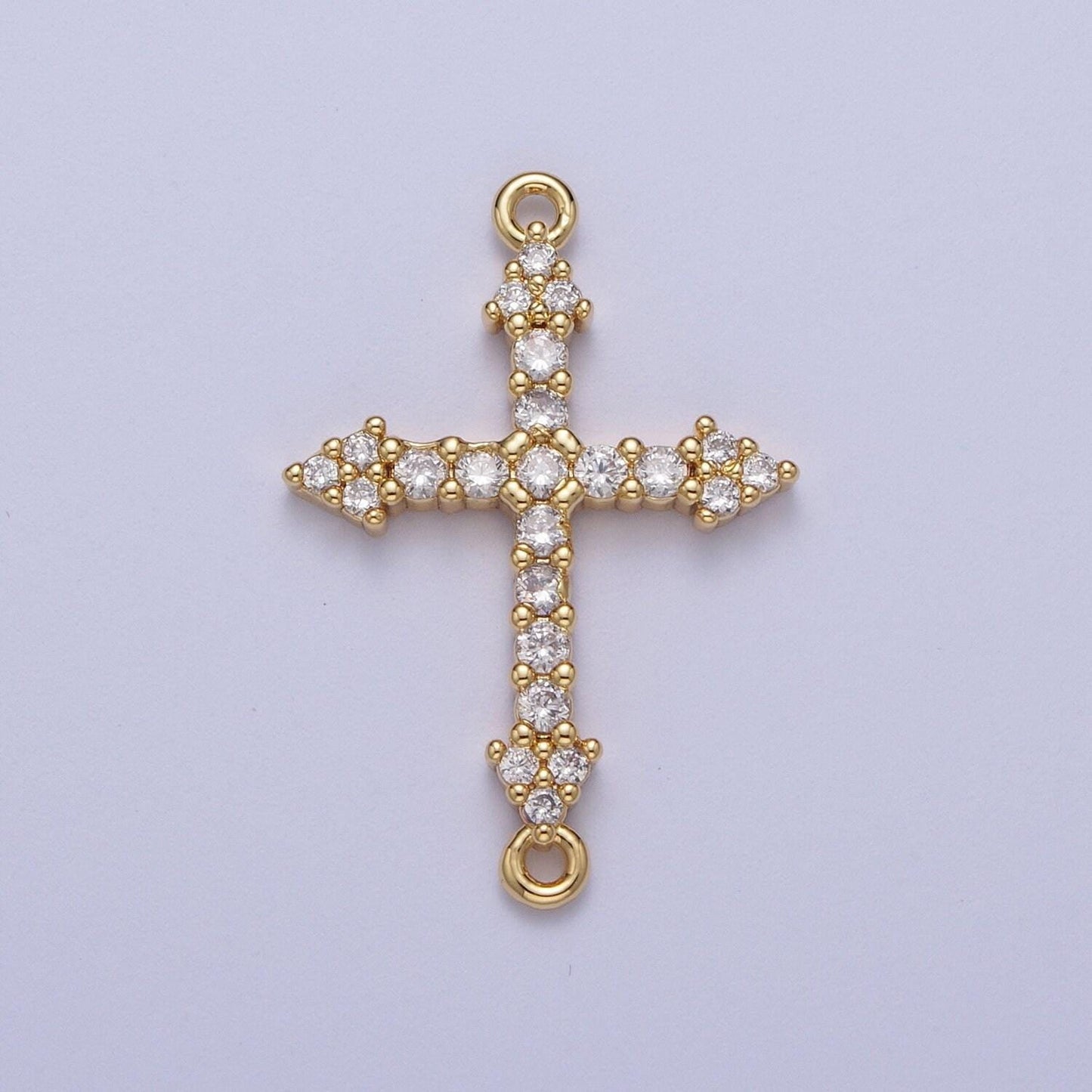 Gold cz cross charm connector, 24k gold plated clear/green micro paved cz arrow cross religious link connector | f-241, f-303