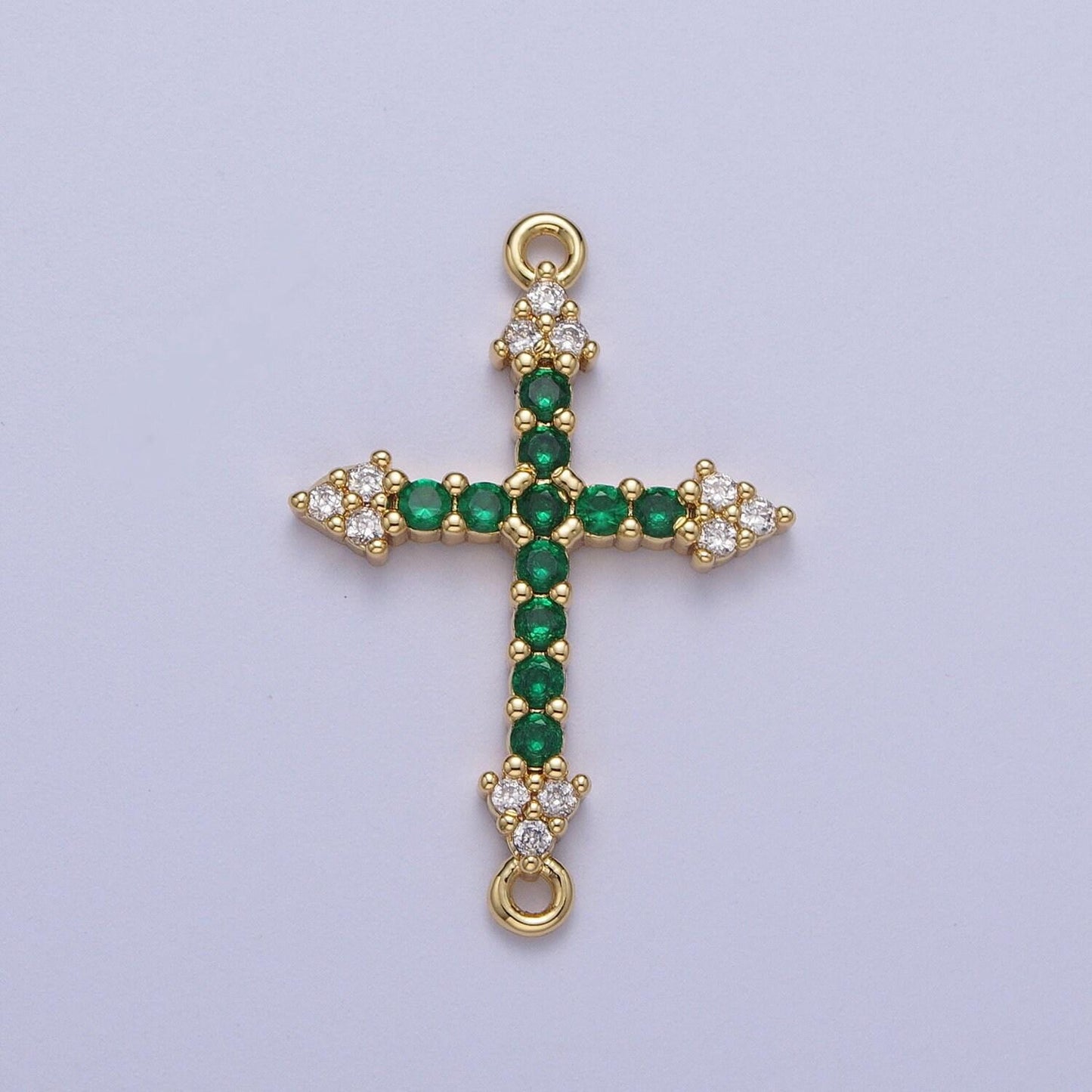 Gold cz cross charm connector, 24k gold plated clear/green micro paved cz arrow cross religious link connector | f-241, f-303