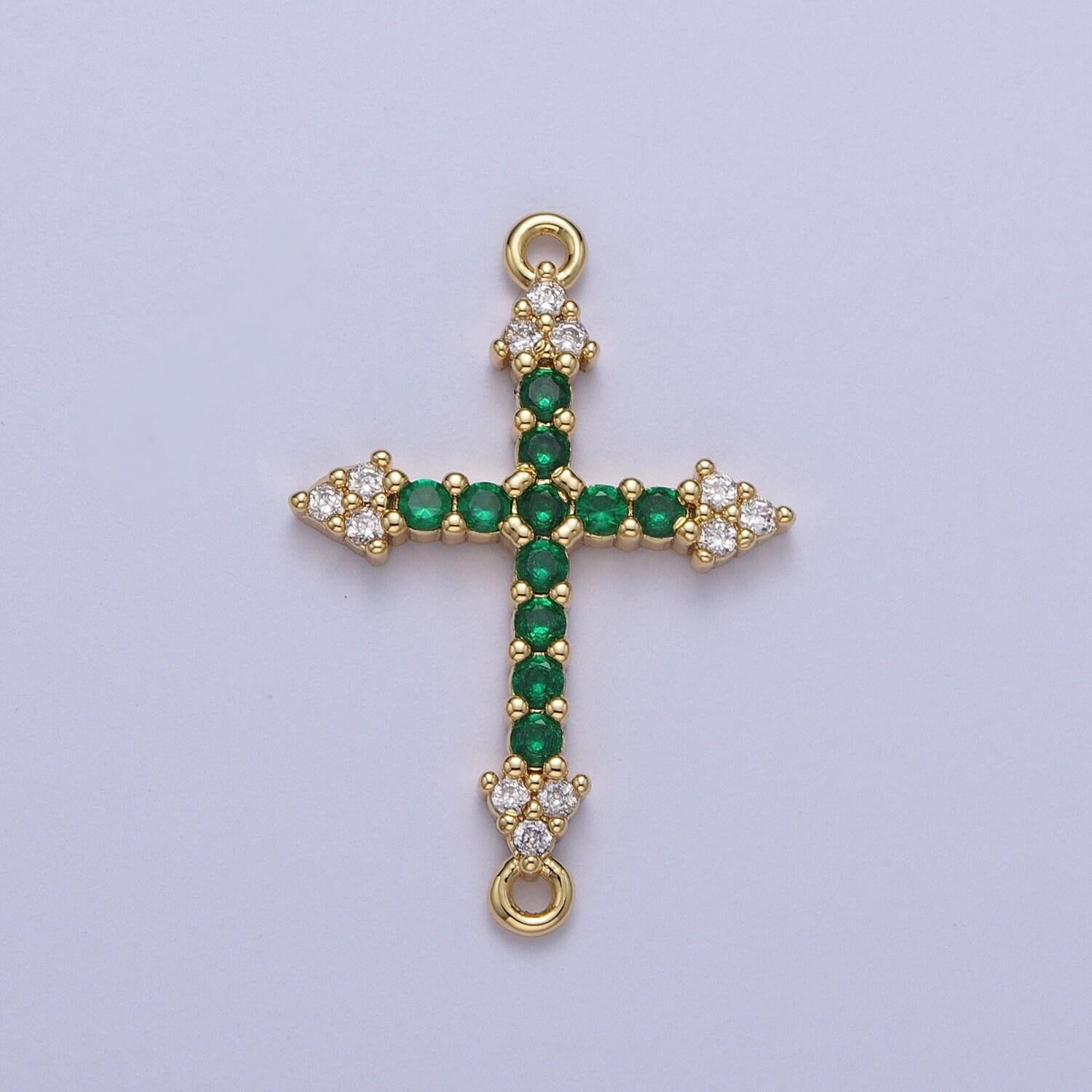 Gold cz cross charm connector, 24k gold plated clear/green micro paved cz arrow cross religious link connector | f-241, f-303