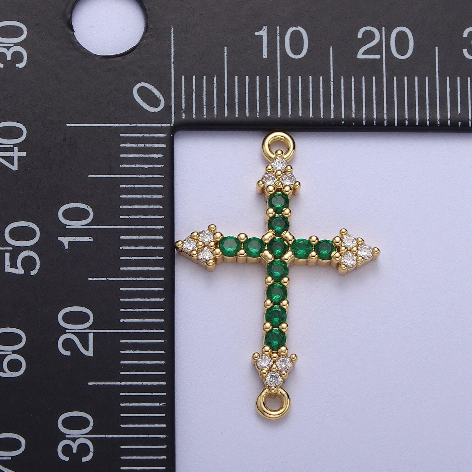 Gold cz cross charm connector, 24k gold plated clear/green micro paved cz arrow cross religious link connector | f-241, f-303