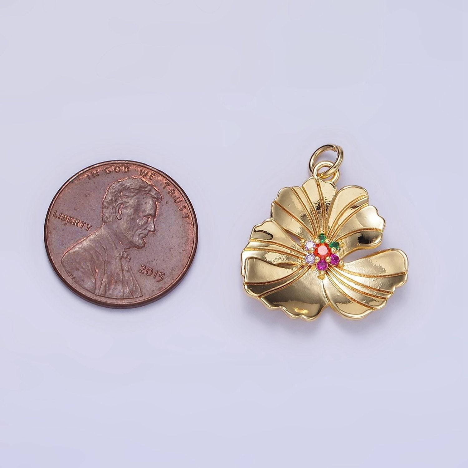 24k gold filled 20mm clear cz lined hibiscus flower tropical nature pendant | d270