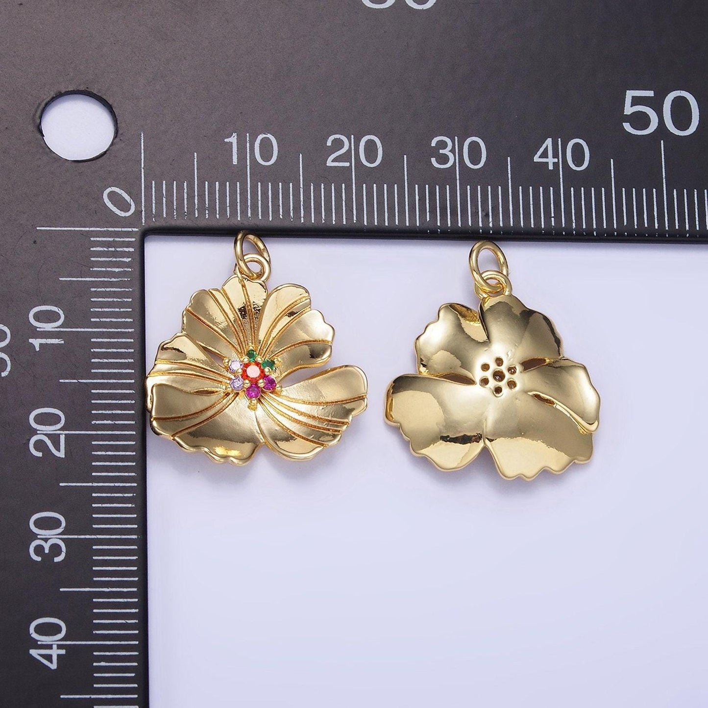 24k gold filled 20mm clear cz lined hibiscus flower tropical nature pendant | d270