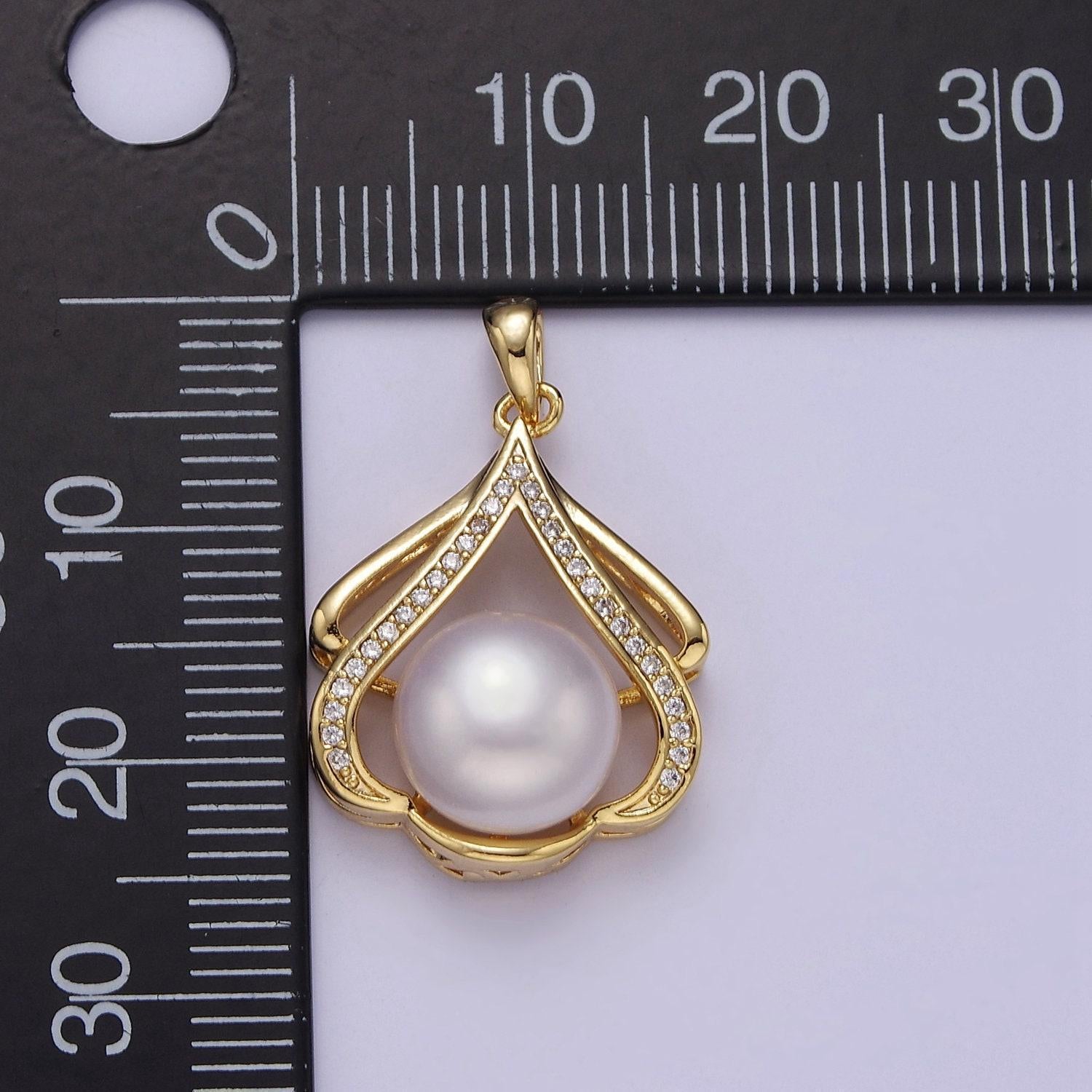 Classic gold style pearl pendant with clear cubic zirconia stone charm for minimalist jewelry dangle charm j-466