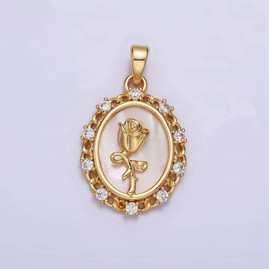 24k gold filled rose flower shell pearl curb link cz lined oval pendant | aa583