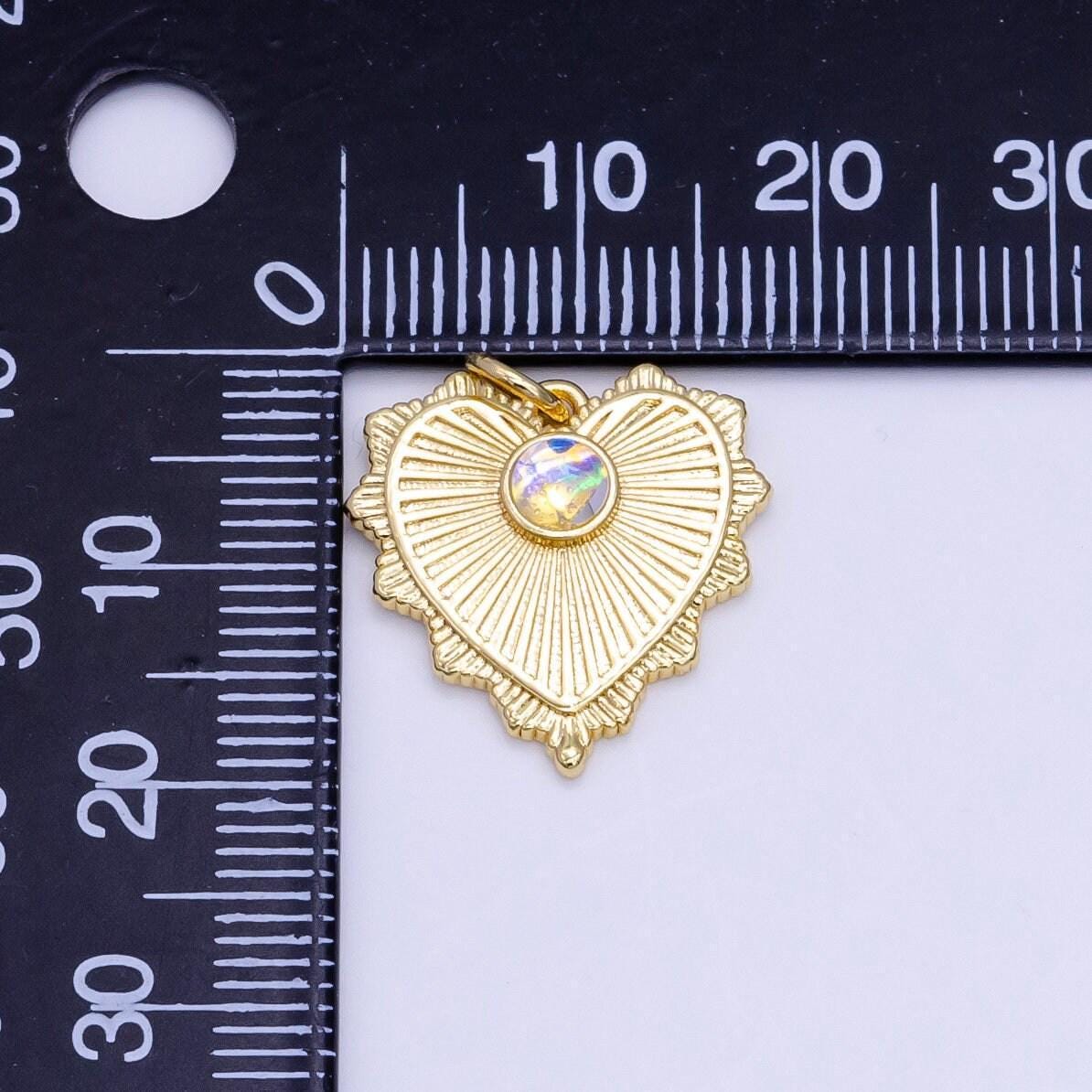 Gold radial heart pendant, 24k gold filled opal sunburst love heart token charm w. decorative edge | e-773