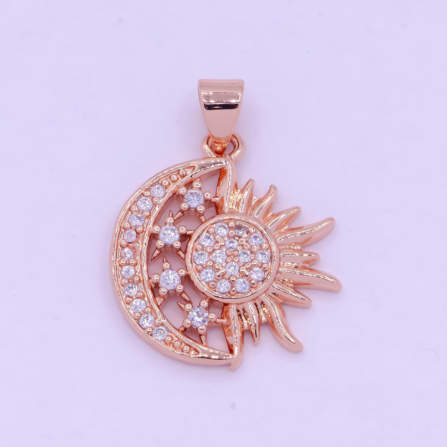 Deep rose gold sun, moon, and stars pendant, rose gold filled micro pave cz celestial sunshine crescent moon charm | x-459