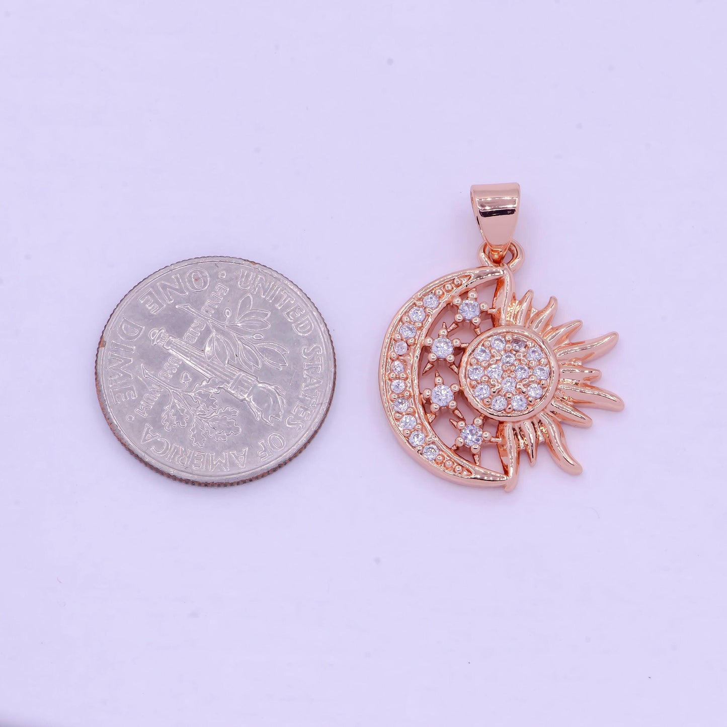 Deep rose gold sun, moon, and stars pendant, rose gold filled micro pave cz celestial sunshine crescent moon charm | x-459