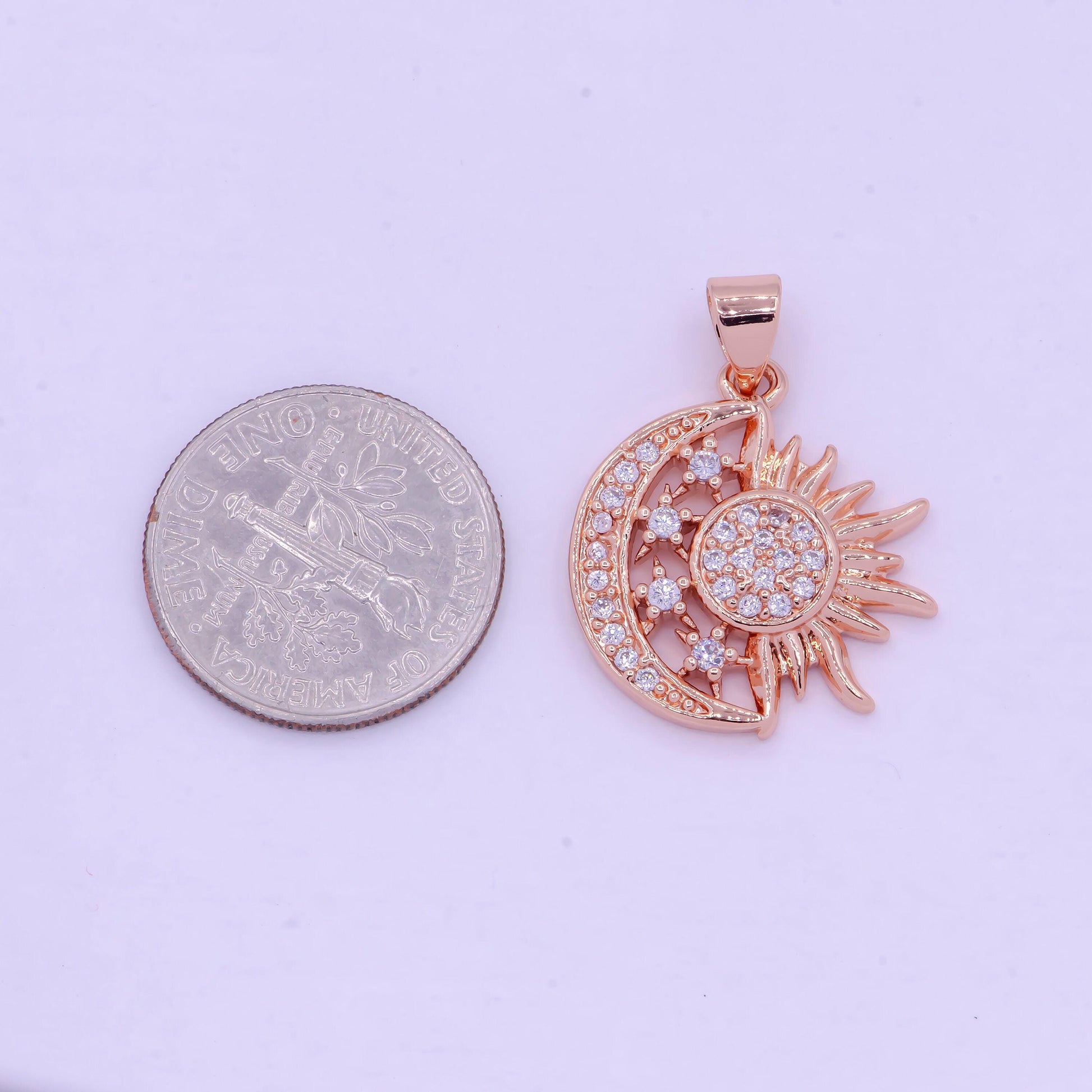 Deep rose gold sun, moon, and stars pendant, rose gold filled micro pave cz celestial sunshine crescent moon charm | x-459