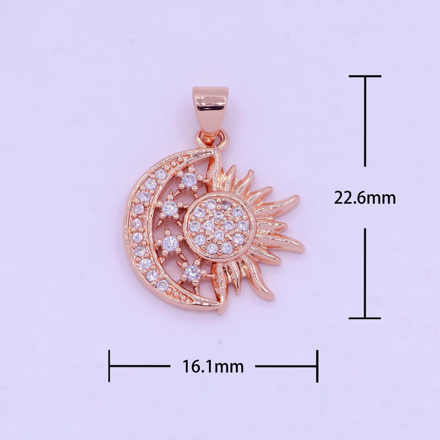 Deep rose gold sun, moon, and stars pendant, rose gold filled micro pave cz celestial sunshine crescent moon charm | x-459