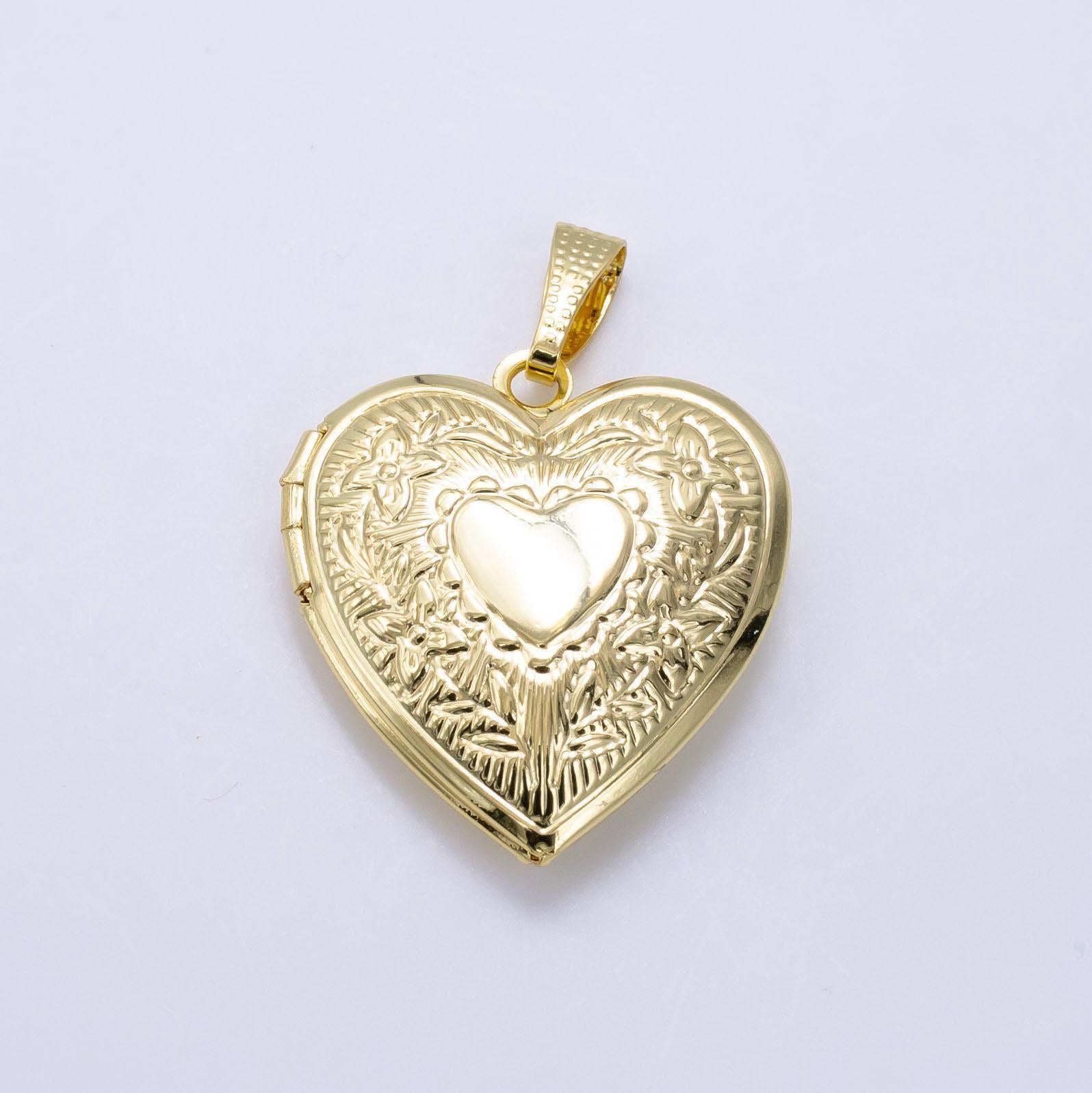 14k gold filled engraved heart floral flower locket pendant in gold & silver | h049