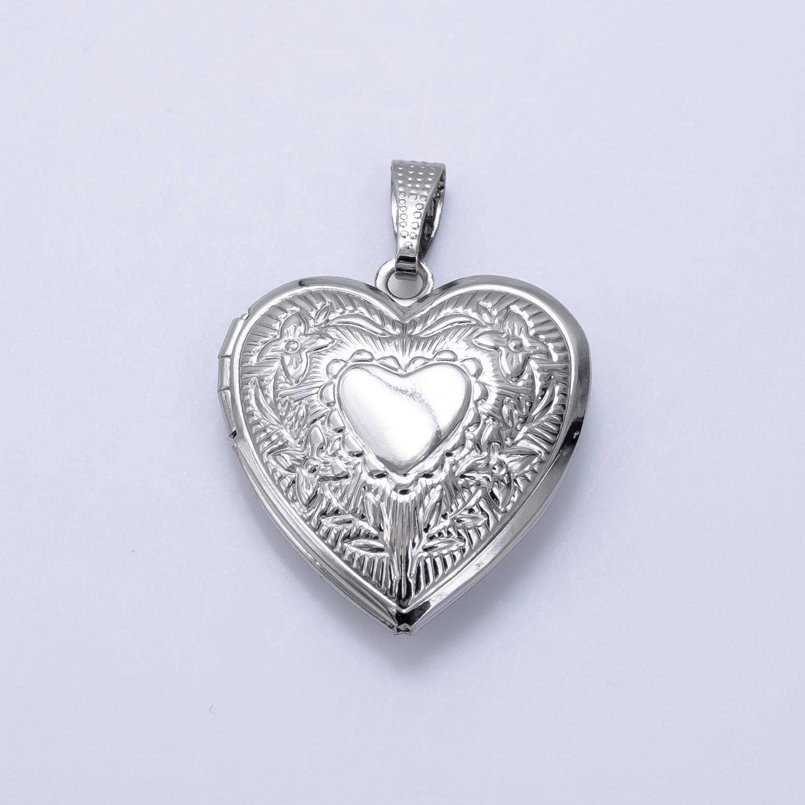 14k gold filled engraved heart floral flower locket pendant in gold & silver | h049
