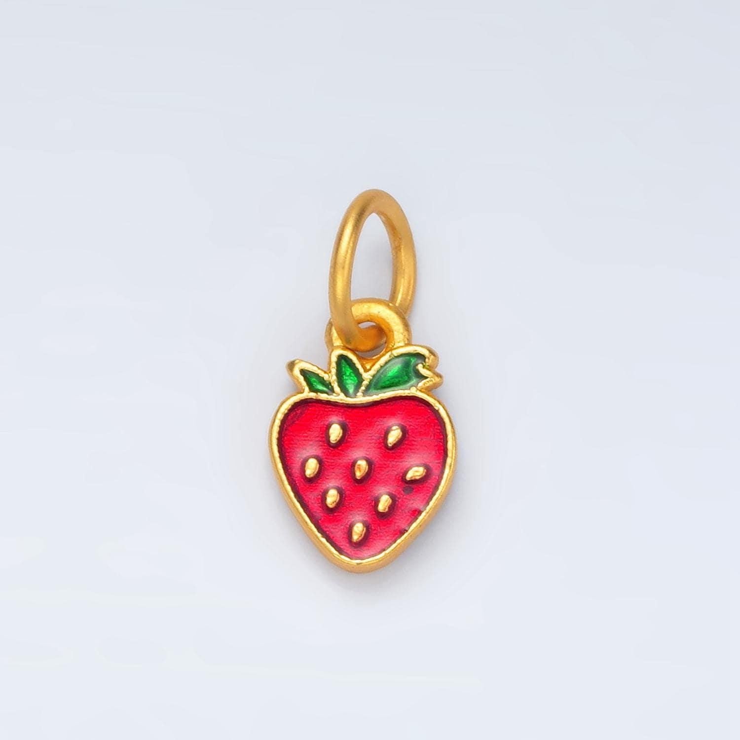 24k gold filled mini flat strawberry enamel fruit charm | m-144