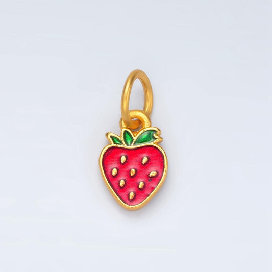 24k gold filled mini flat strawberry enamel fruit charm | m-144