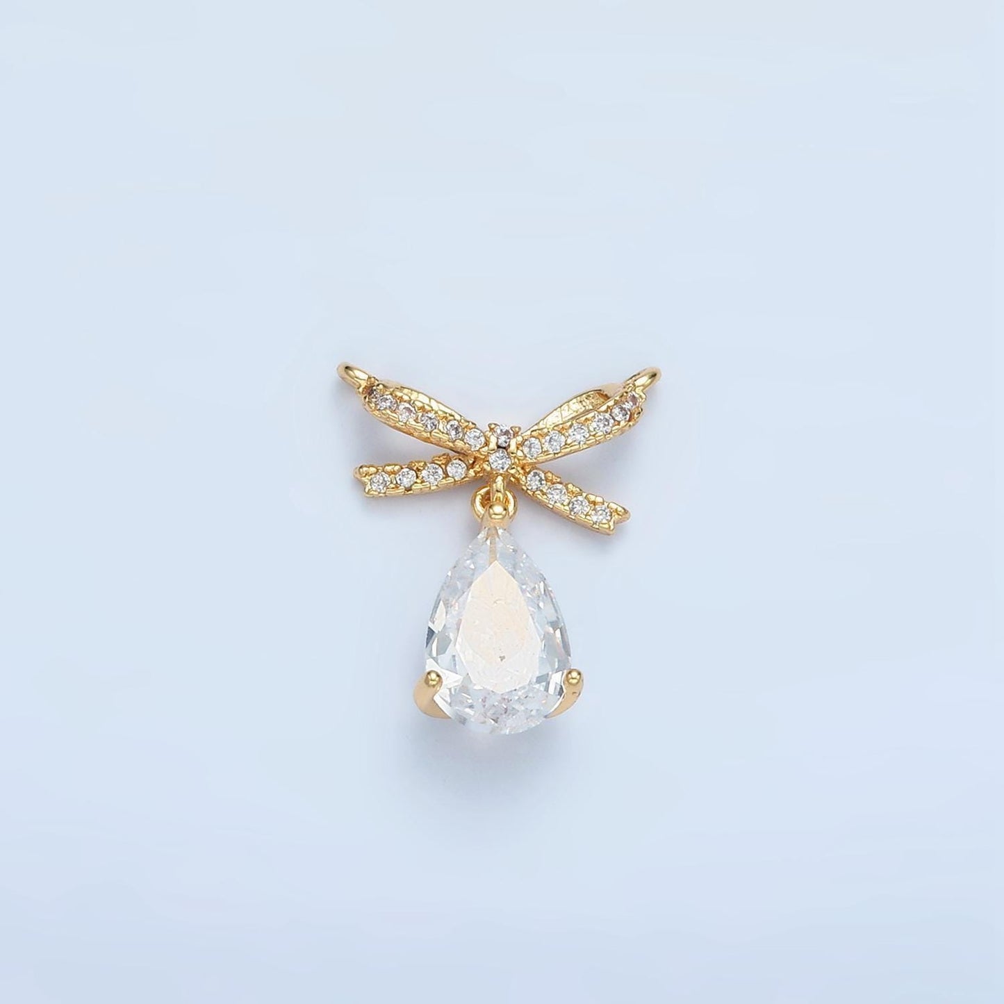 Mini cz paved bow with clear cz teardrop 24k gold filled charm | f-239