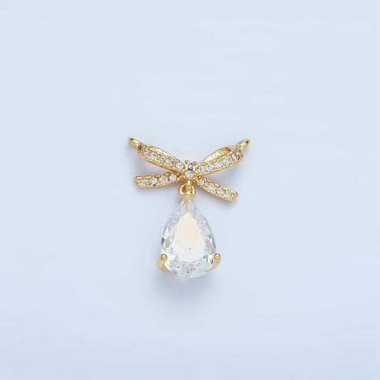 Mini cz paved bow with clear cz teardrop 24k gold filled charm | f-239