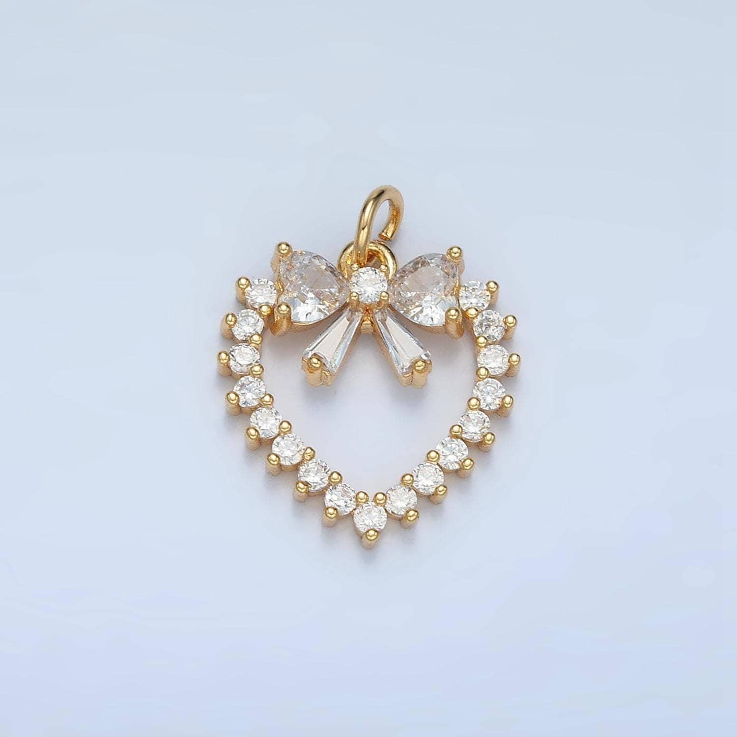 Open heart with ribbon bow micro paved cz gold filled charm | e-733