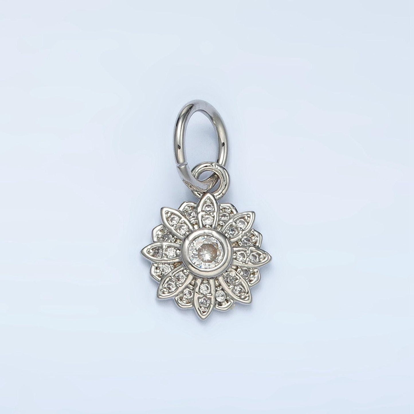 White gold filled cz paved round blooming flower charm | ag-861