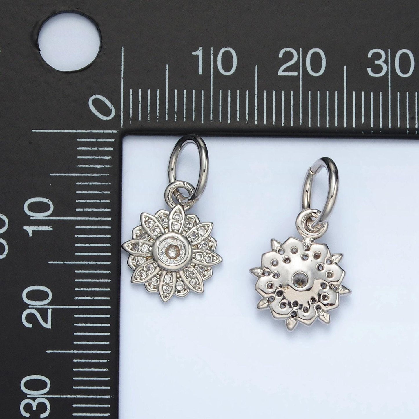 White gold filled cz paved round blooming flower charm | ag-861