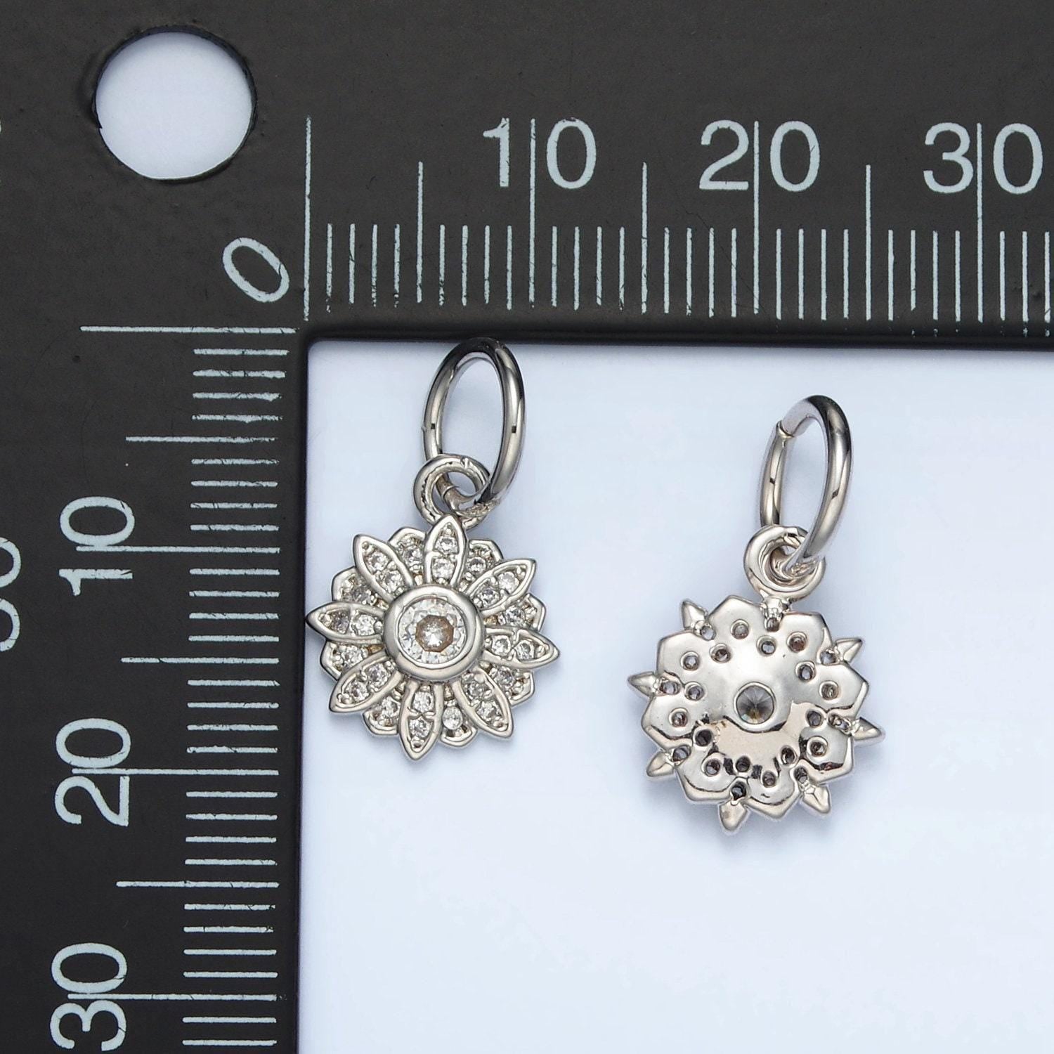 White gold filled cz paved round blooming flower charm | ag-861