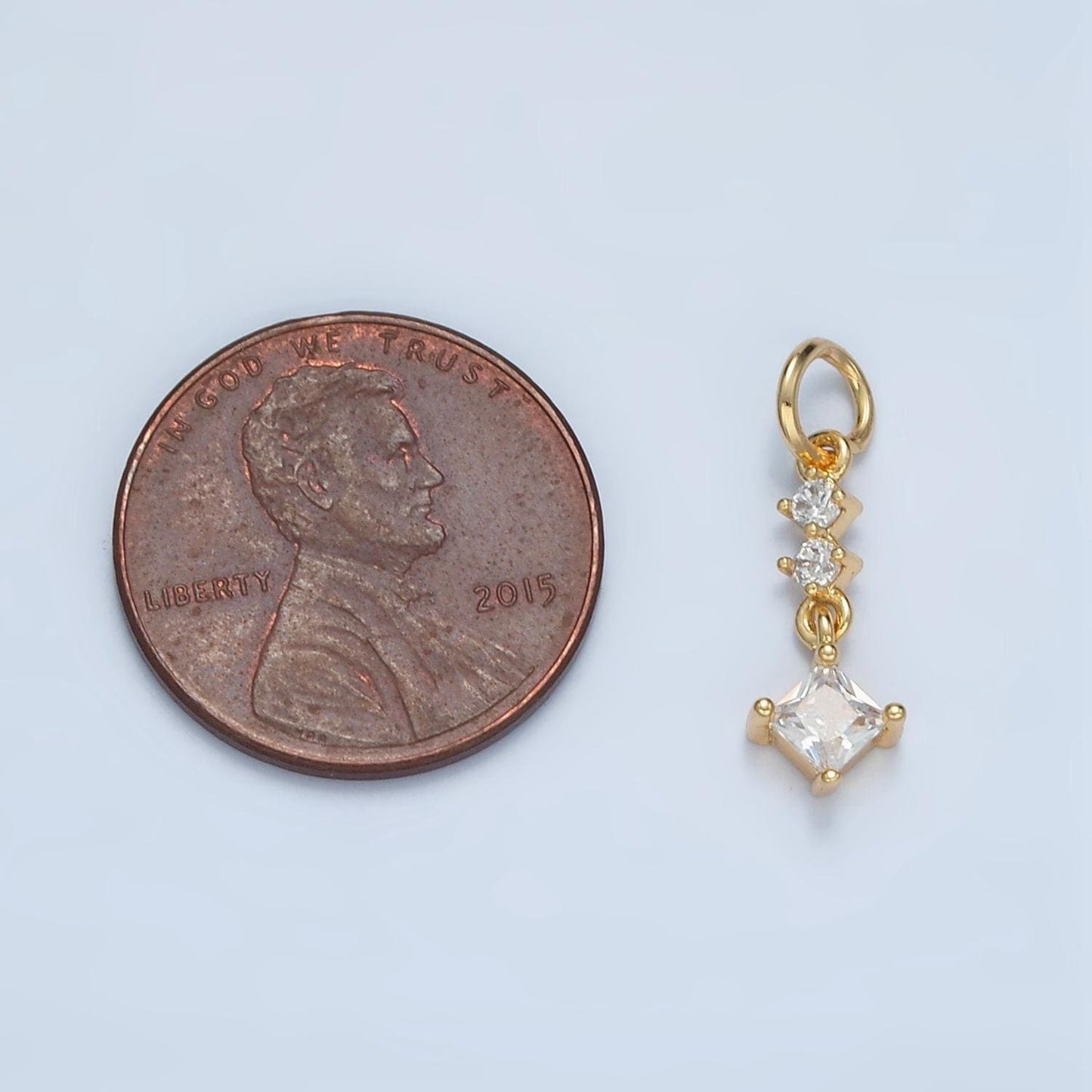 Linear clear cz rhombus drop gold filled abstract charm | e-738