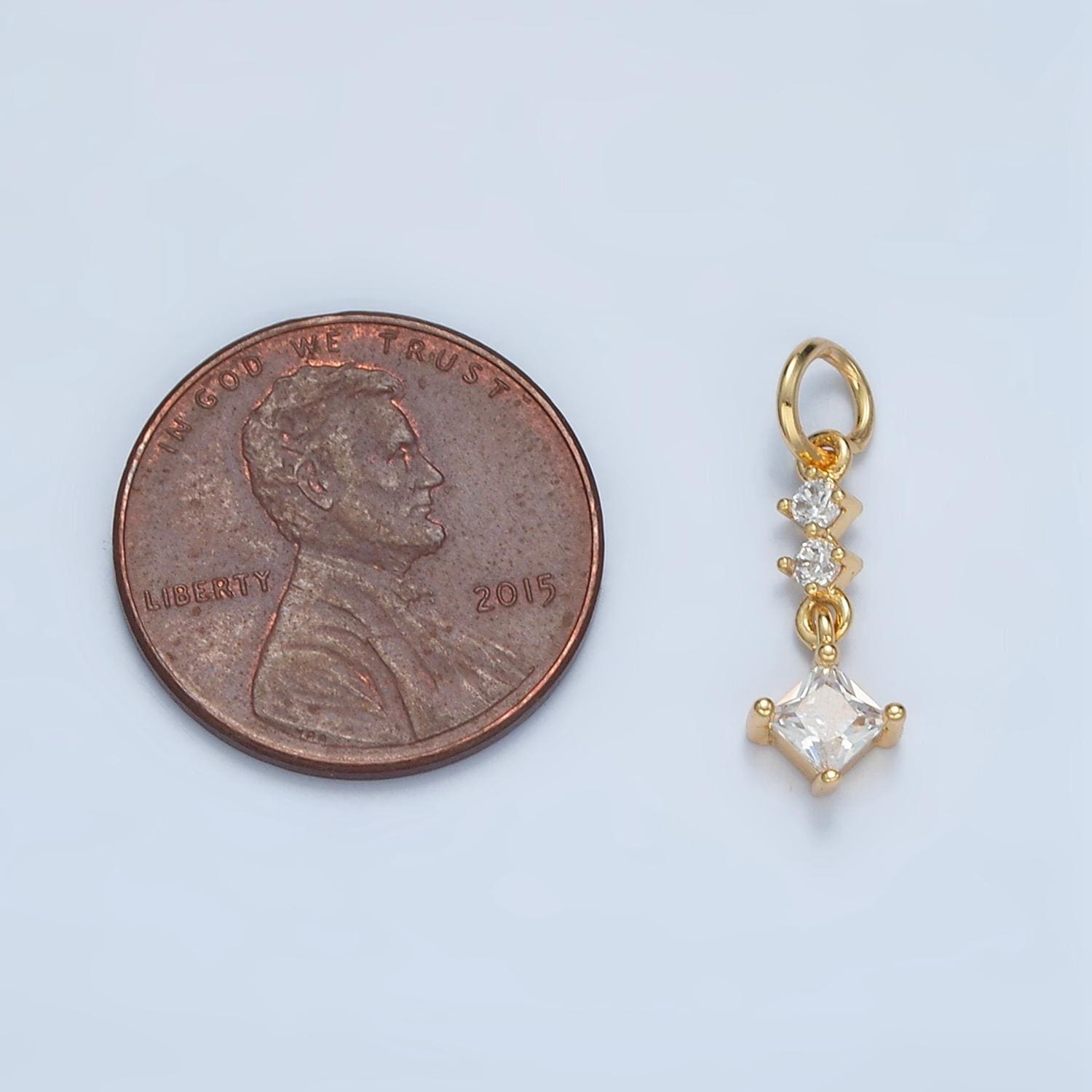 Linear clear cz rhombus drop gold filled abstract charm | e-738