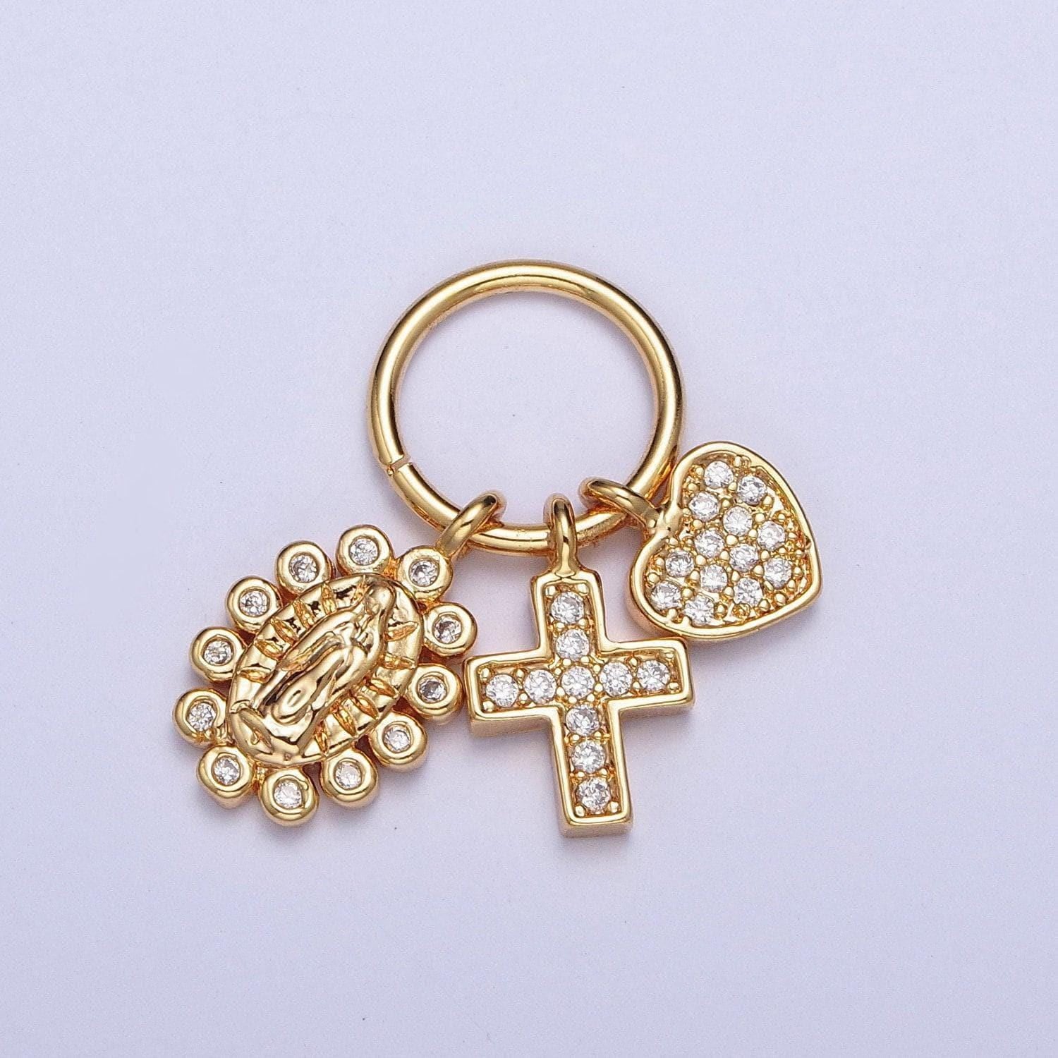 24k gold filled micro pave cubic zirconia cz triple charms, virgin mary, heart love, religious cross pendants for jewelry making | x-439