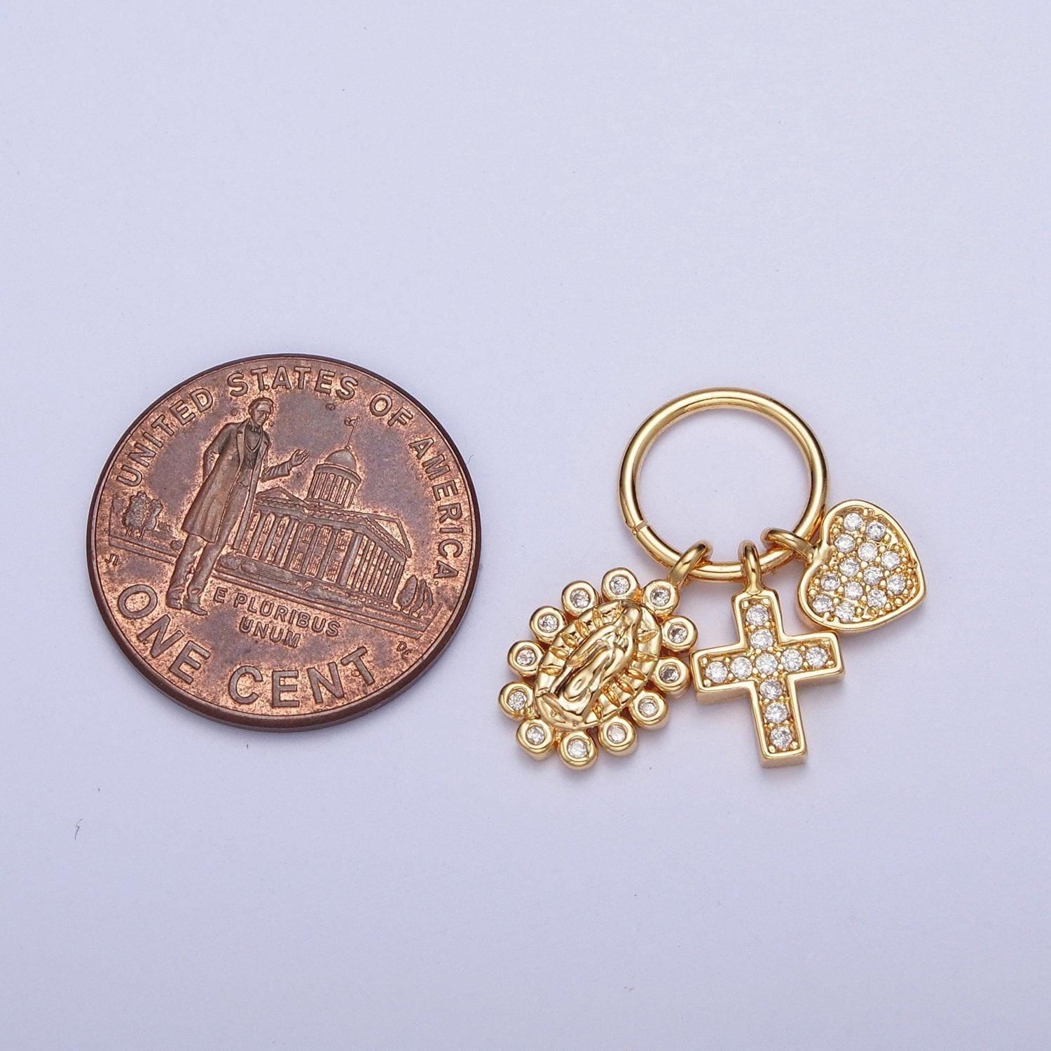 24k gold filled micro pave cubic zirconia cz triple charms, virgin mary, heart love, religious cross pendants for jewelry making | x-439