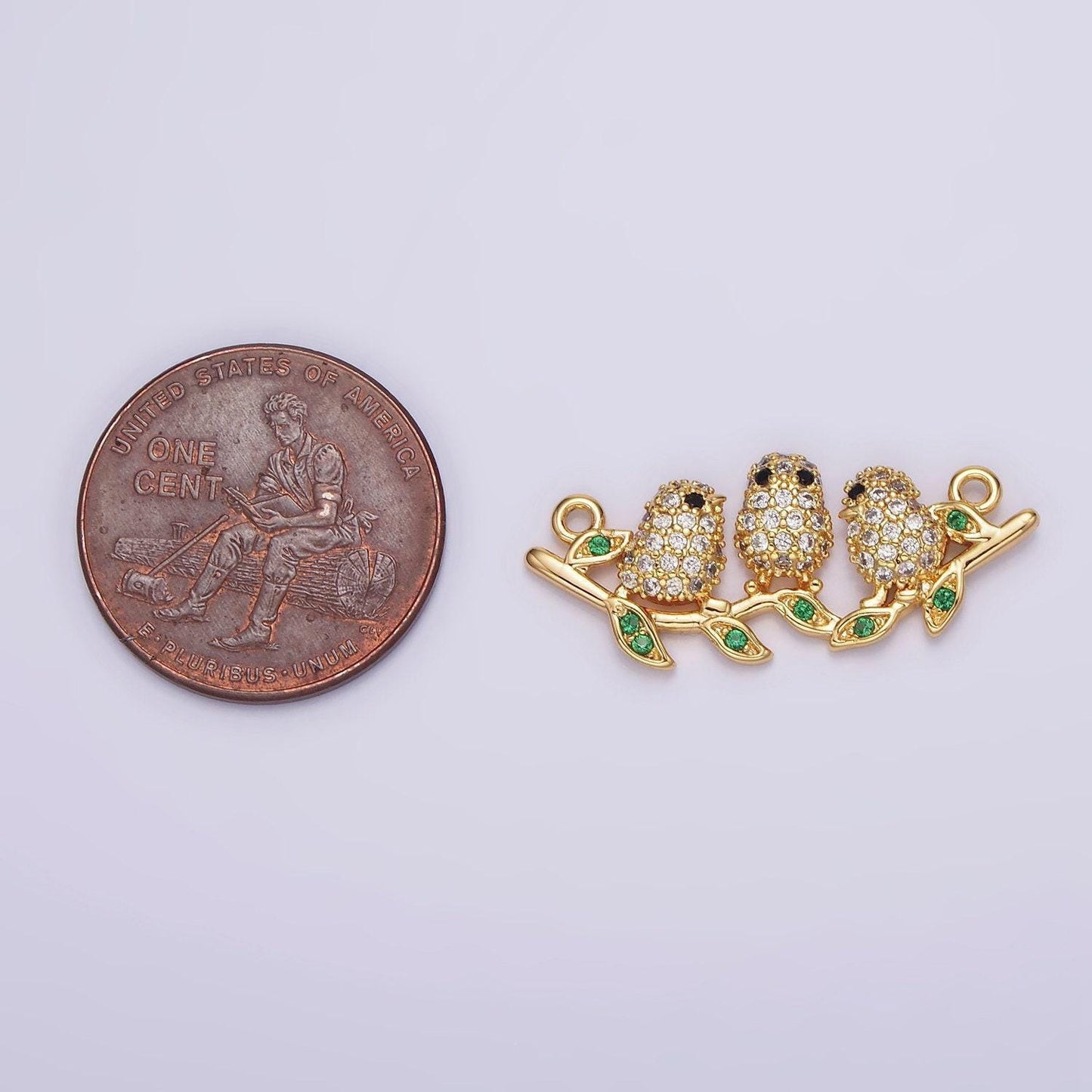 18k gold filled black-eyed three baby birds micro paved cz green leaf connector | g030
