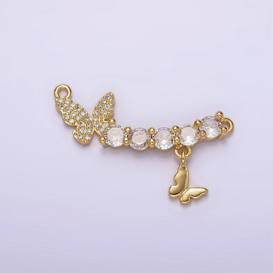 16k gold filled clear cz curved double butterfly micro paved drop connector | g059