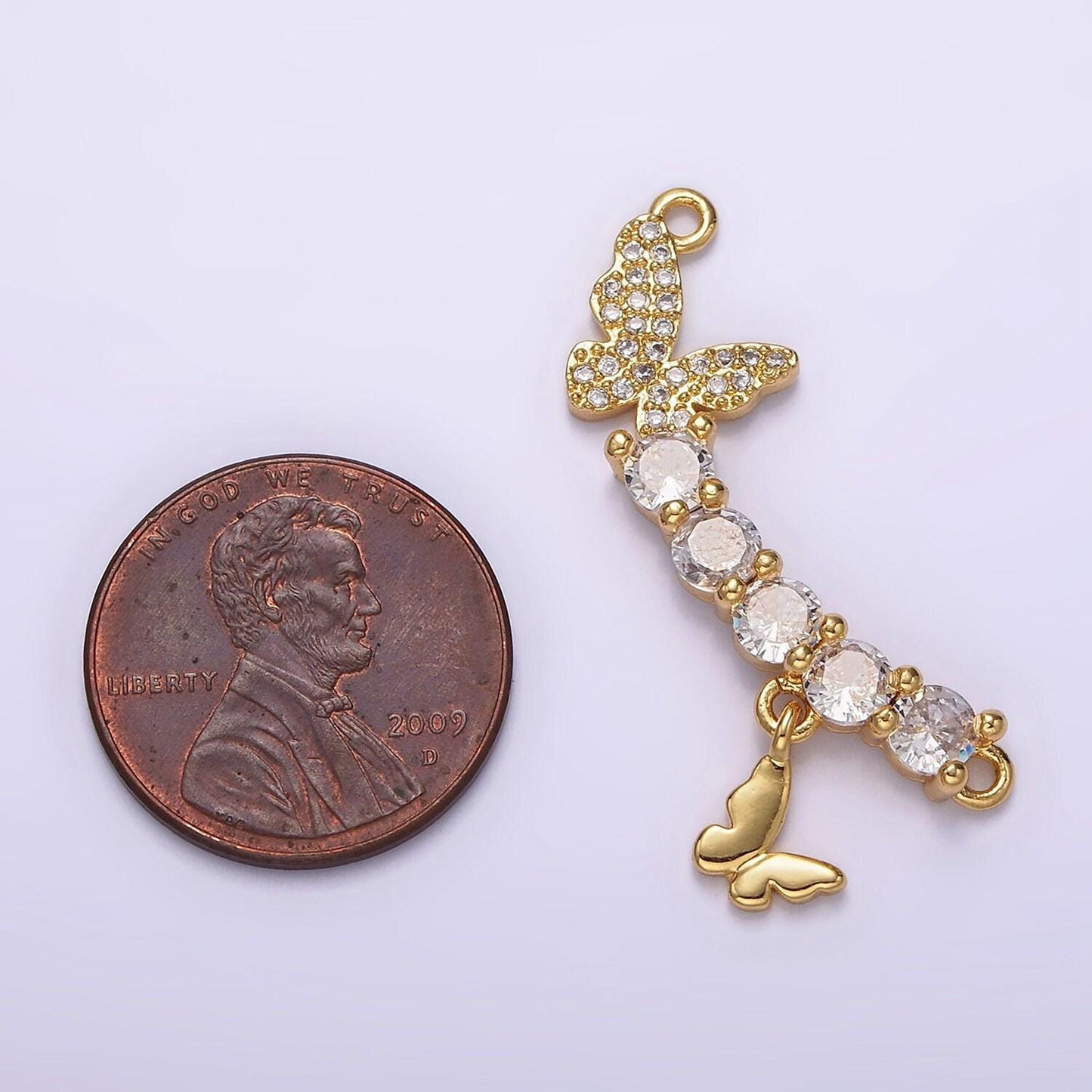 16k gold filled clear cz curved double butterfly micro paved drop connector | g059