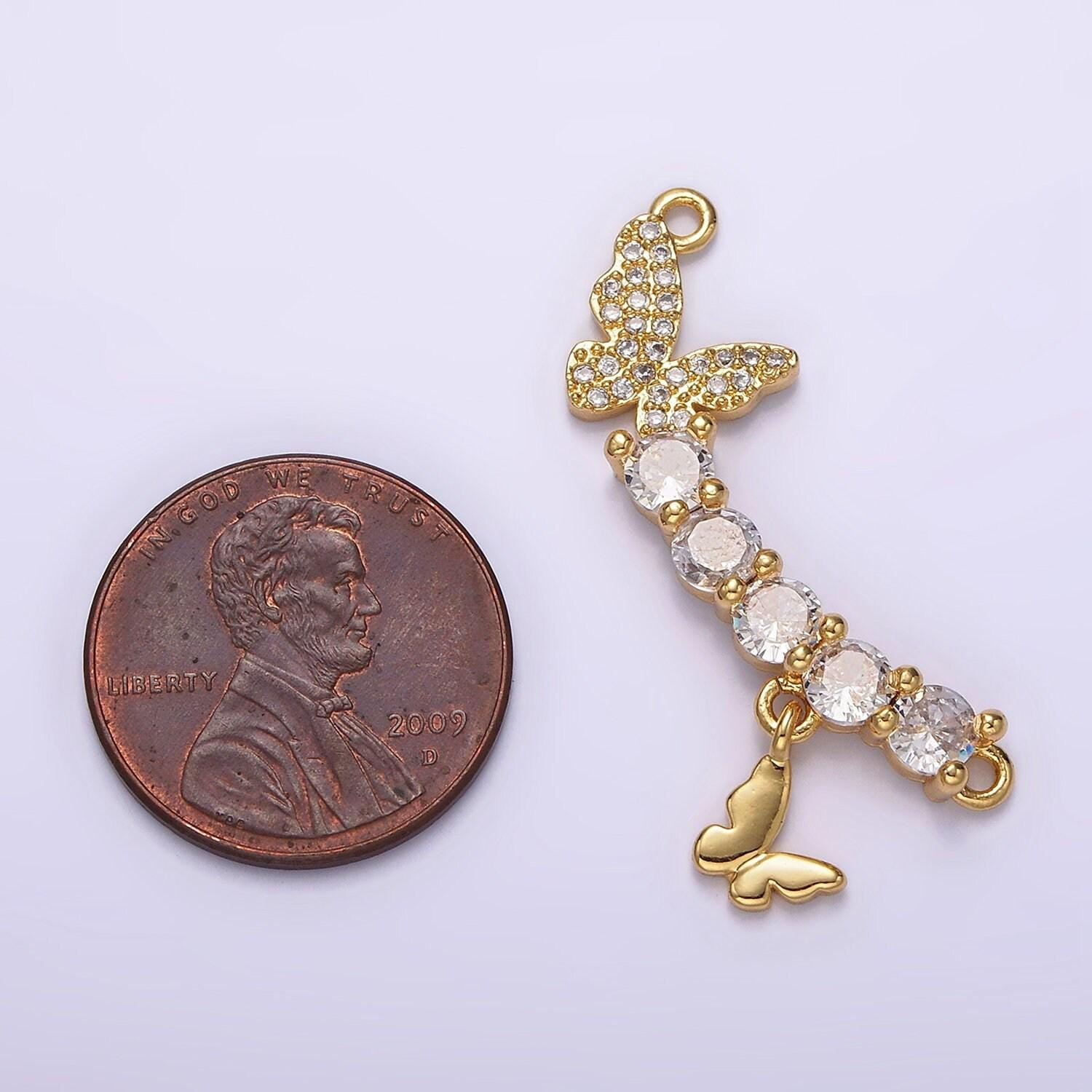 16k gold filled clear cz curved double butterfly micro paved drop connector | g059