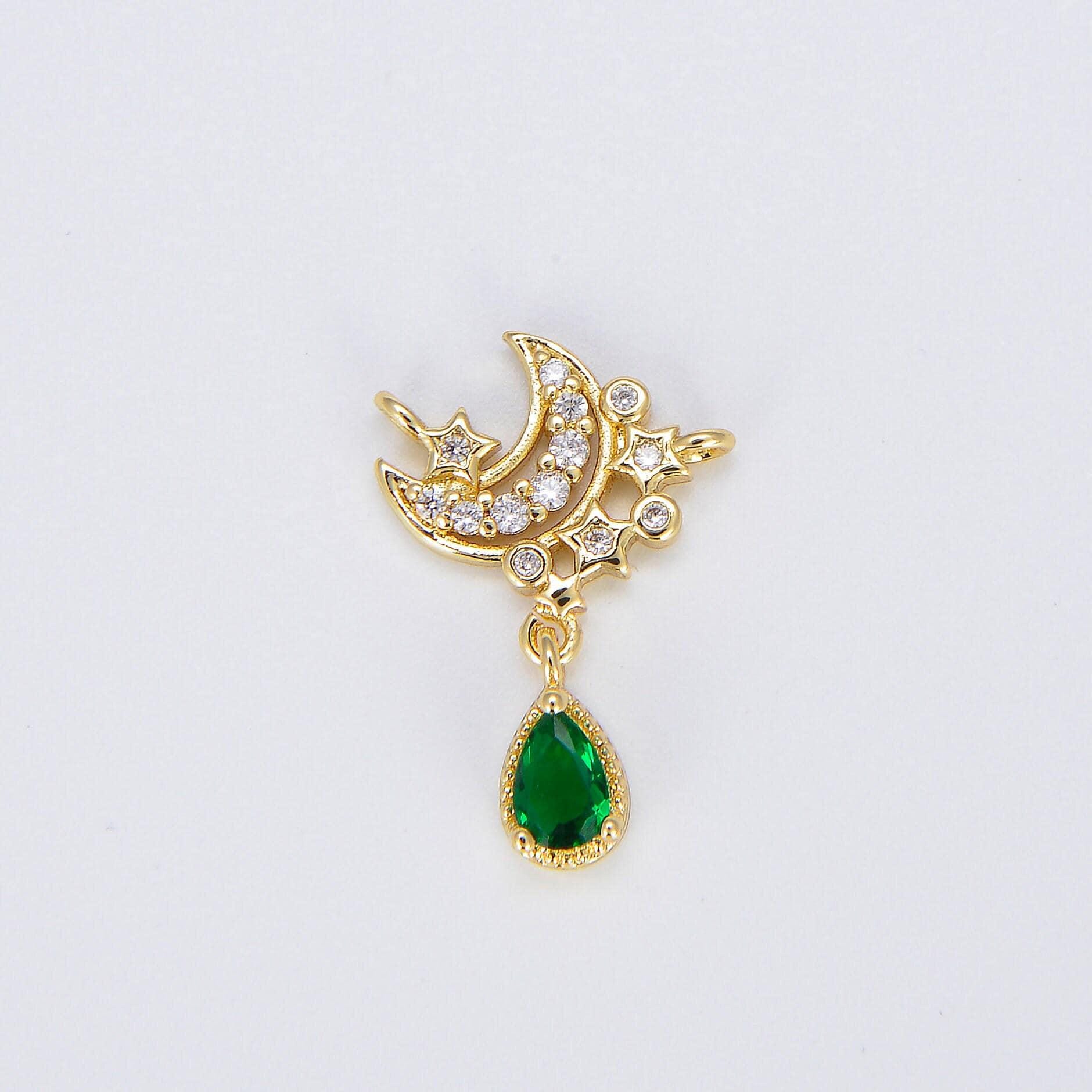 Dainty crescent moon charm connector with double bail cz pave celestial star rolo cable lariat link connector f830