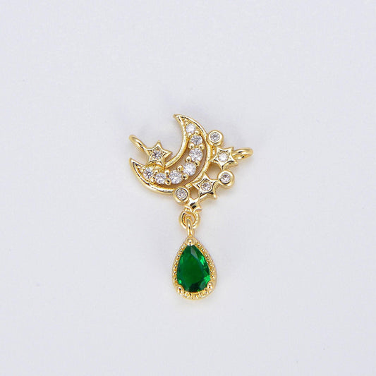 Dainty crescent moon charm connector with double bail cz pave celestial star rolo cable lariat link connector f830