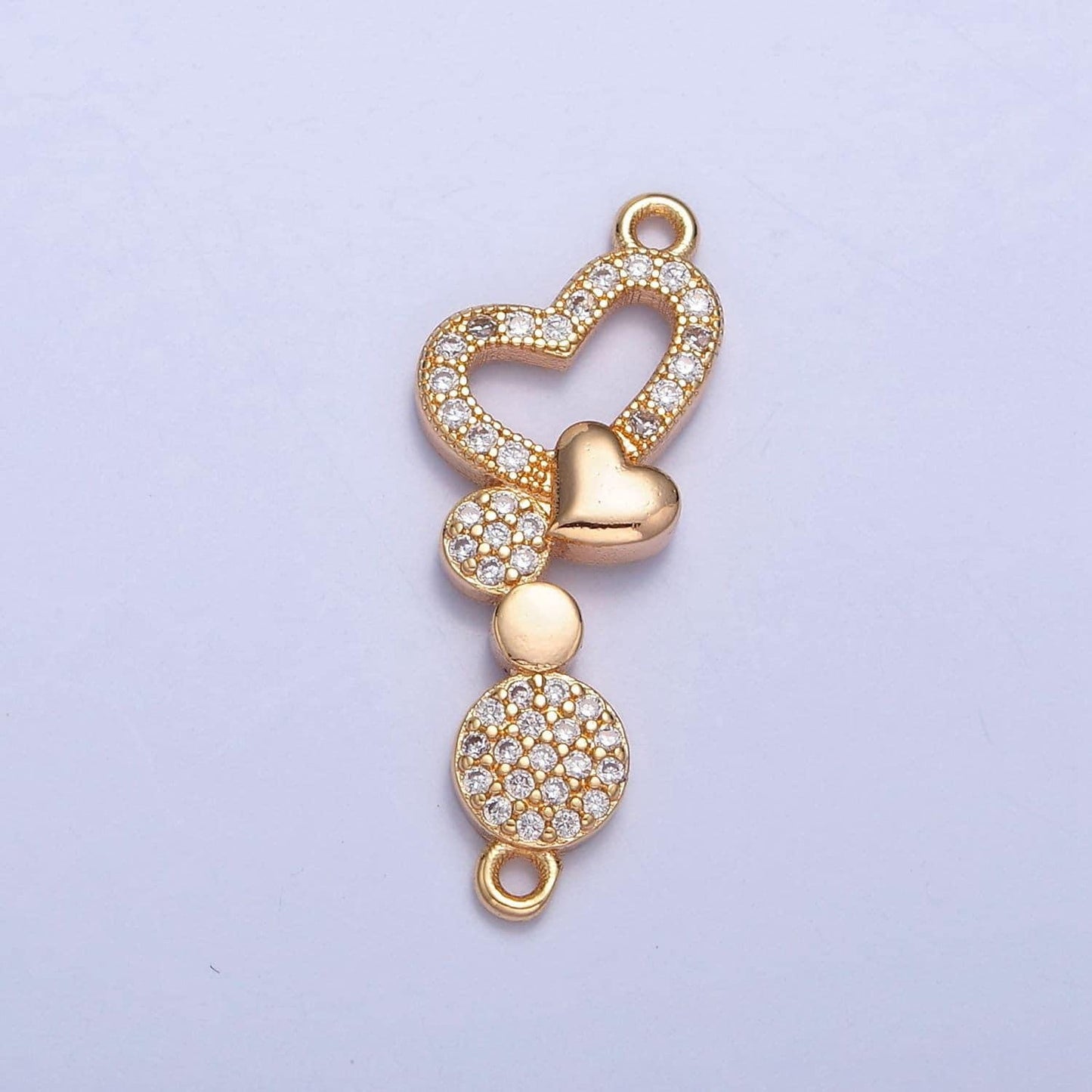 16k gold dainty love hearts & circles micro pave cz clear stone connector, add on link charm crystal cz for necklace bracelet supply | f-799